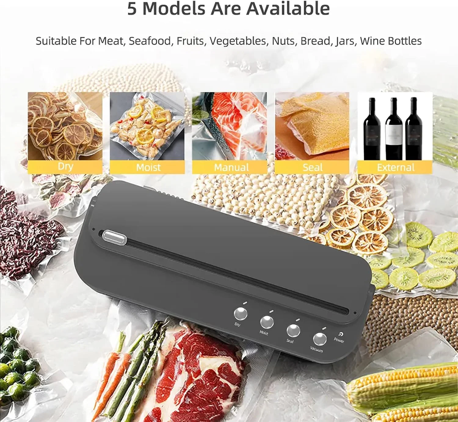 دستگاه وکیوم بسته بندی مواد غذایی اریکات، دستگاه وکیوم اتوماتیک مواد غذایی با برش داخلی و پیکربندی پمپ دوگانه، حالت های غذای خشک/مرطوب، مکش قوی 65 کیلو پاسکال، برای کیسه های غذا، کاسه های مرینیت، بسته بندی وعده های غذایی