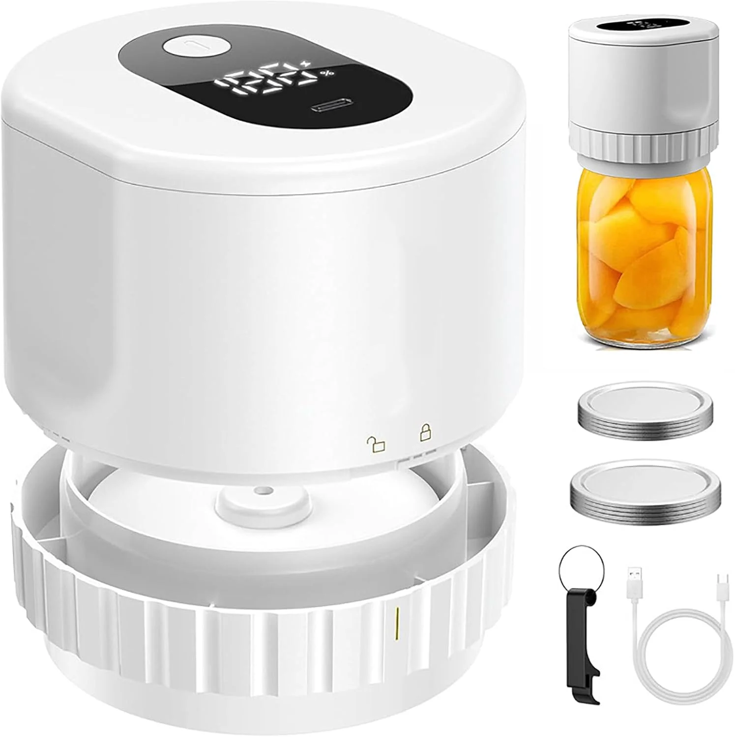 دستگاه وکیوم شیشه های مربا Everjar، دستگاه وکیوم برقی شیشه های مربا، دستگاه وکیوم مواد غذایی همراه با درب بازکن، مناسب برای شیشه های مربای دهان گشاد و معمولی (سفید)