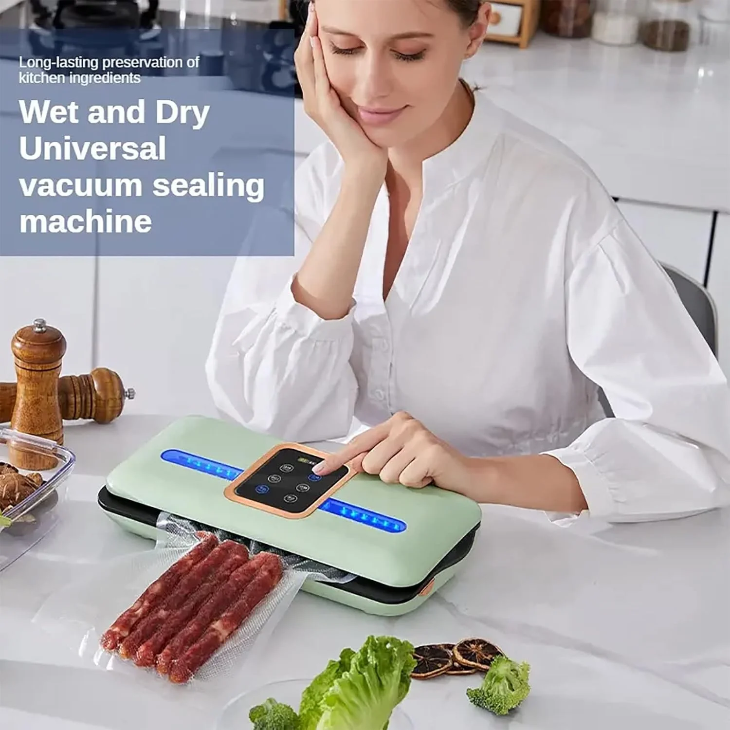 دستگاه وکیوم بسته بندی مواد غذایی تمام اتوماتیک ERICAT، دستگاه وکیوم 80Kpa با حالت تک مهر و ضربه ای، عملکرد تک لمسی LED و آب بندی حرارتی 3 میلی متری، برای کیسه های مواد غذایی، کاسه های مارینت، بسته بندی وعده های غذایی