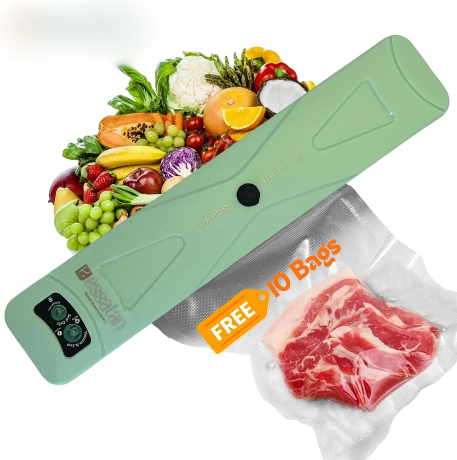 دستگاه وکیوم سیلر Essalan - دارای گواهی CE | افزایش طراوت و عطر و طعم غذا | مکش قدرتمند | حالت های دوگانه آب بندی | کیت شروع کامل (سبز)، ESLN2864