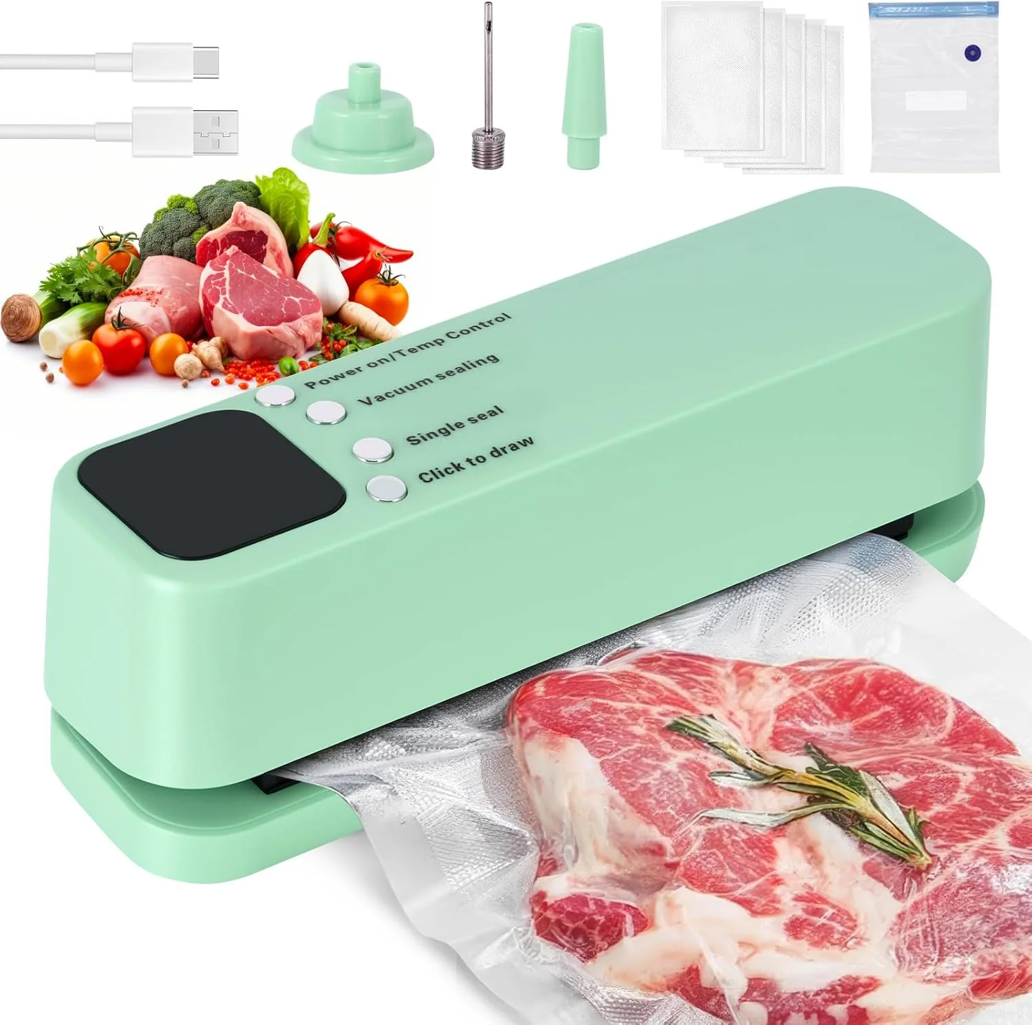 دستگاه وکیوم سیلر، دستگاه سیل حرارتی کیسه مینی غذا 4 در 1 با 3 اتصال دهنده خارجی و مکش قدرتمند 65 KPA، دستگاه بسته بندی وکیوم خودکار قابل حمل برای نگهداری تازه مواد غذایی خشک و مرطوب