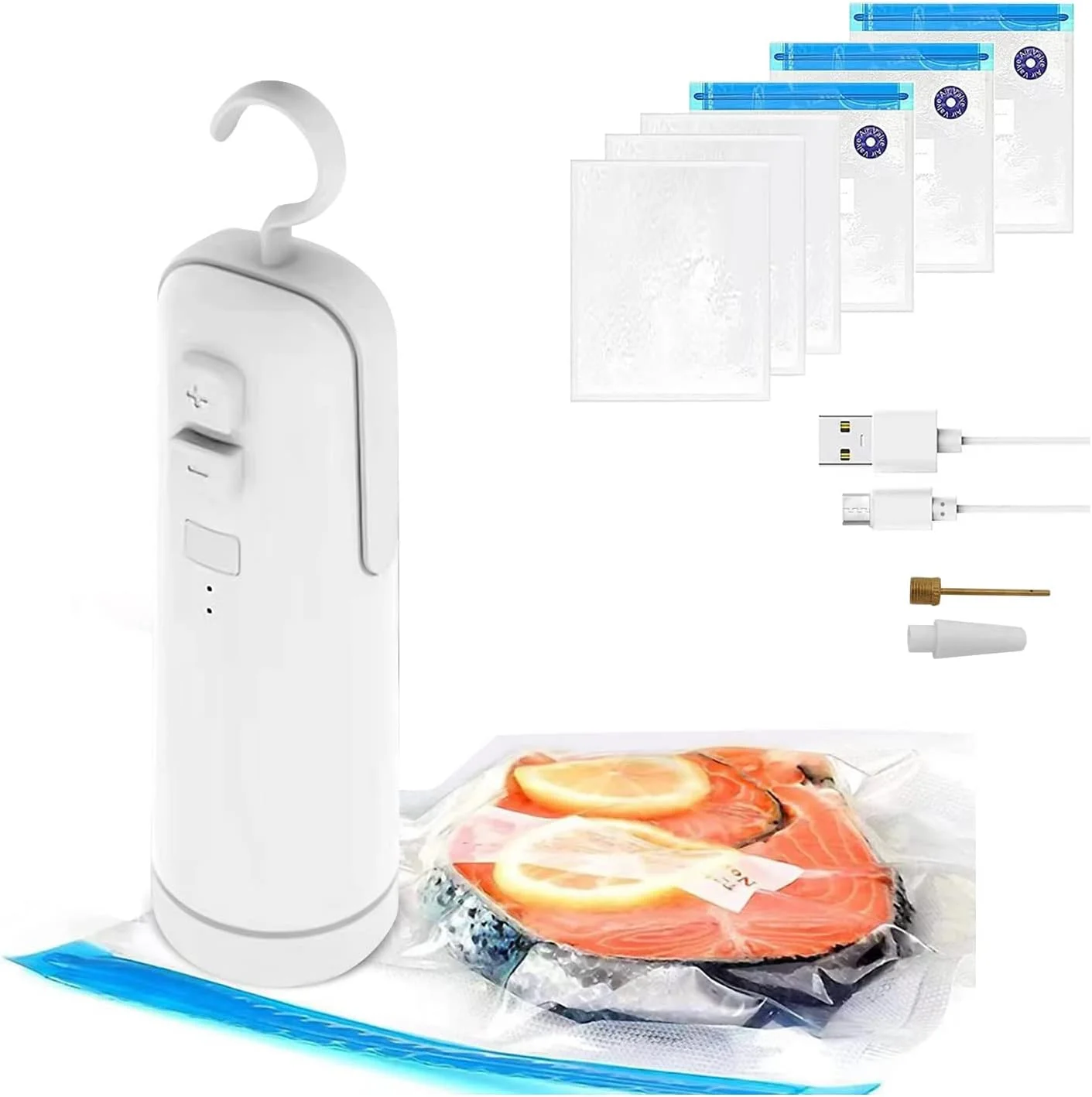 دستگاه وکیوم سیلر دستی اکسفور، ابزار چندکاره شارژی 4 در 1 شامل سیلر حرارتی، برشگر و ابزار بادکننده، دستگاه کوچک و قابل حمل برای نگهداری مواد غذایی در شیشه، گوشت، محفظه نگهداری، اسنک و حفظ تازگی