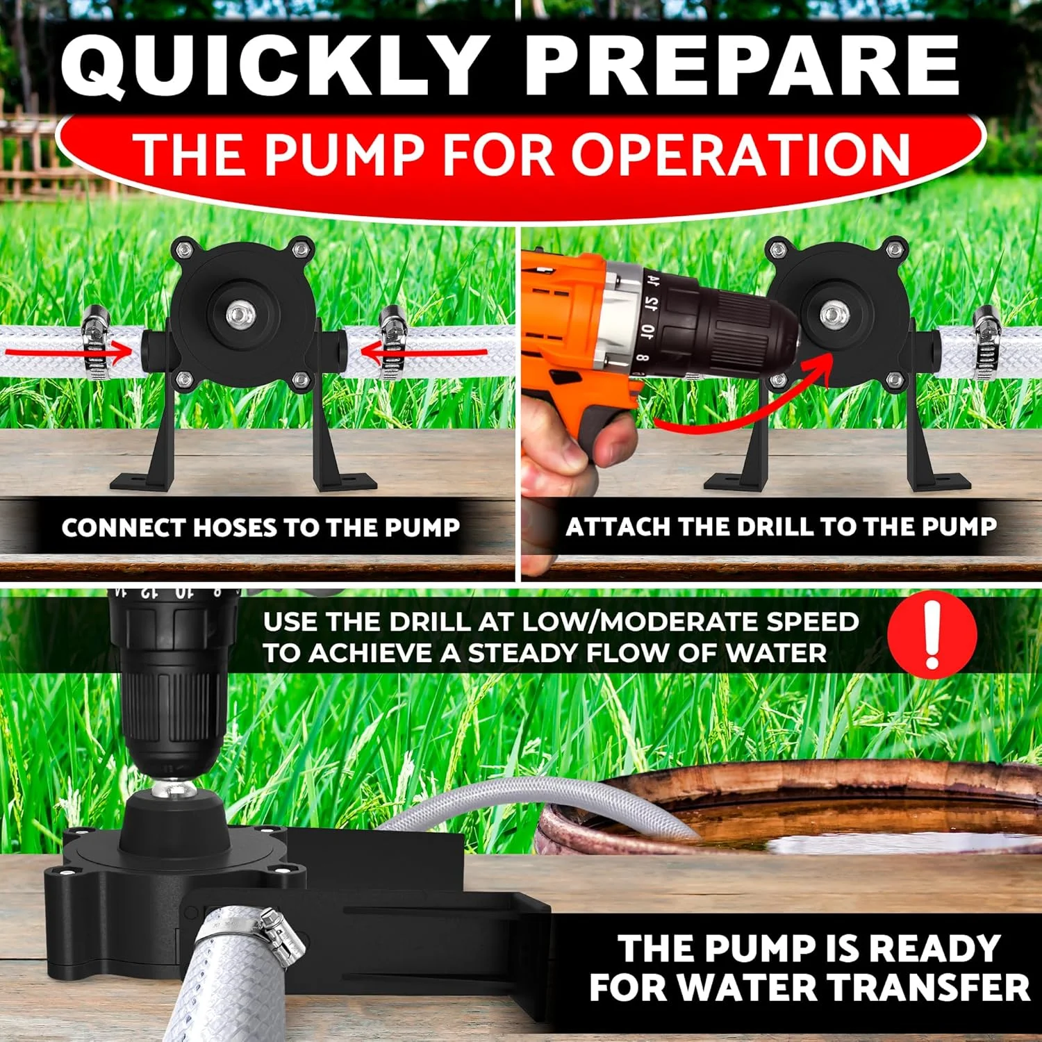 پمپ دریل برقی قابل حمل برای انتقال آب و مایعات - پمپ دستی خود مکش | طراحی بادوام، جمع و جور و سبک، نصب و استفاده آسان | کاربردی برای مصارف خانگی و فضای باز