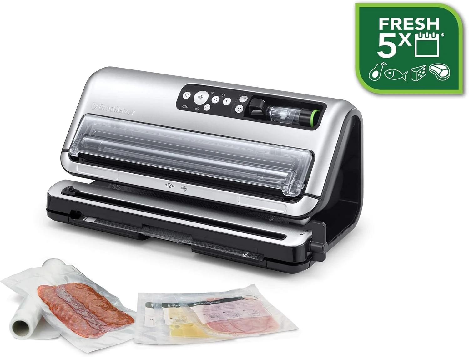 دستگاه وکیوم سیلر FoodSaver برای مواد غذایی، وکیوم سیلر کاملا اتوماتیک با محفظه نگهداری رول و دستگاه برش، شامل کیسه های وکیوم متنوع [FFS006X]