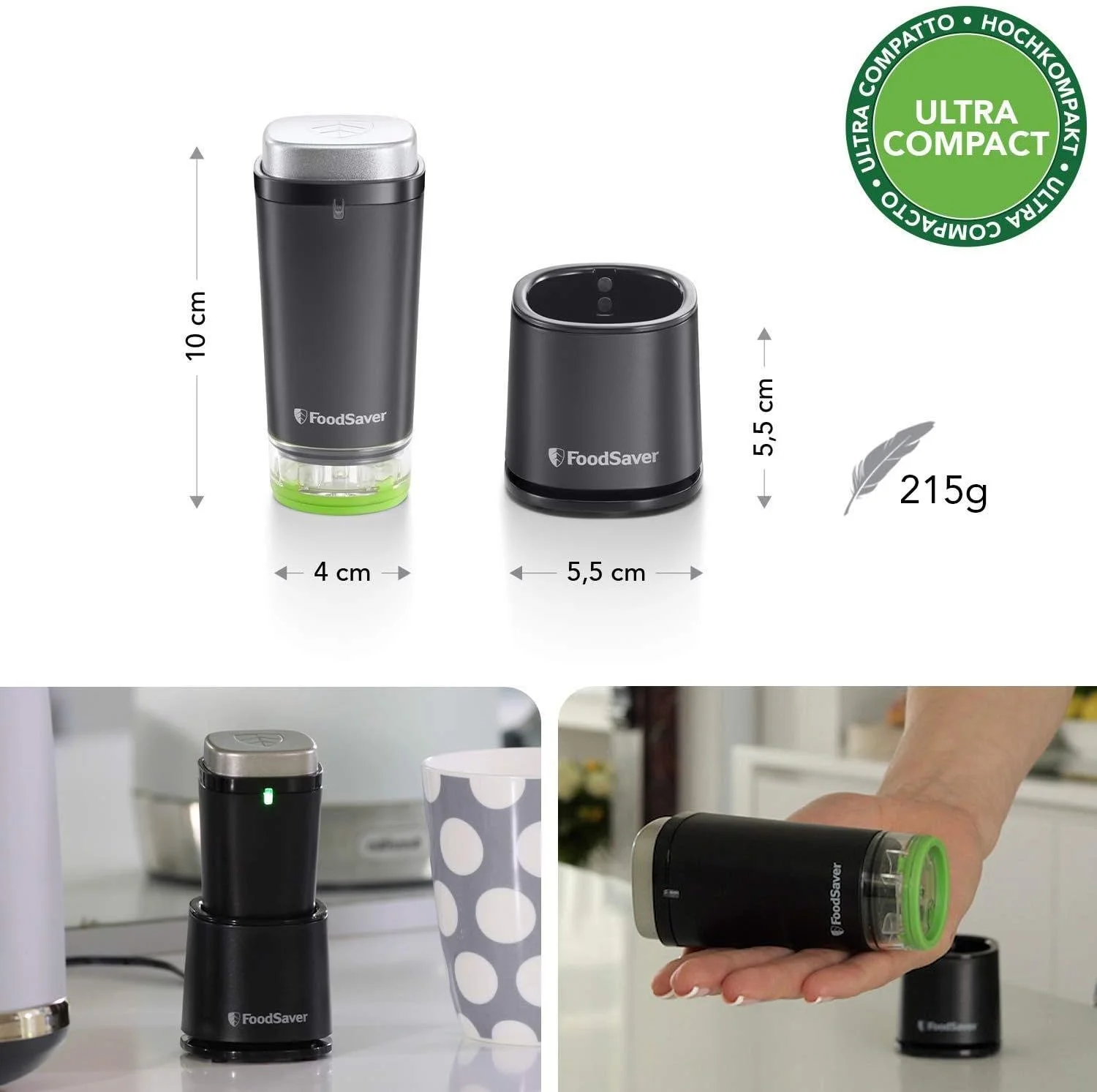 دستگاه وکیوم بی سیم دستی FoodSaver برای بسته بندی مواد غذایی به همراه استند شارژ | دستگاه وکیوم کوچک به همراه 1 ظرف برای نگهداری و 5 کیسه وکیوم تازه نگهدارنده [VS1199X]