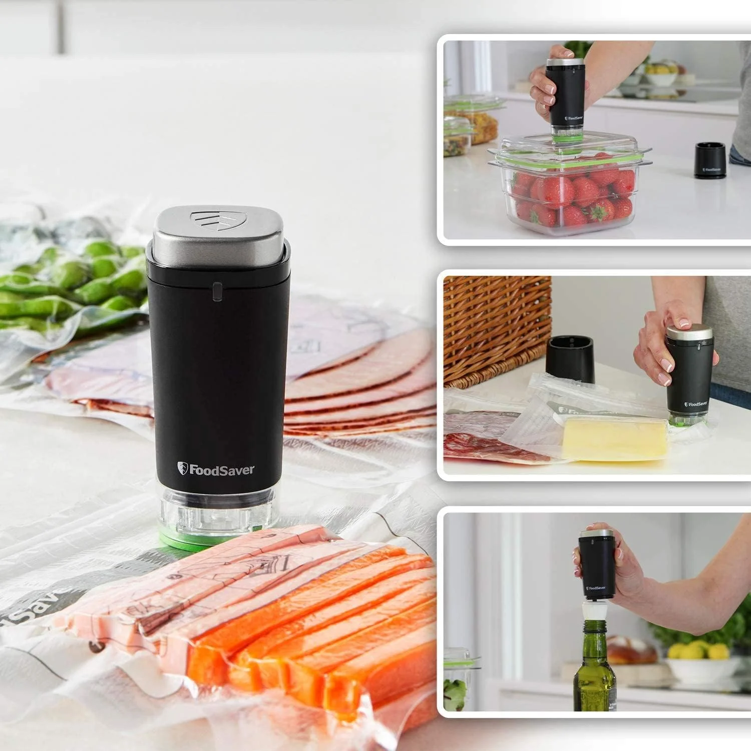 دستگاه وکیوم بی سیم دستی FoodSaver برای بسته بندی مواد غذایی به همراه استند شارژ | دستگاه وکیوم کوچک به همراه 1 ظرف برای نگهداری و 5 کیسه وکیوم تازه نگهدارنده [VS1199X]