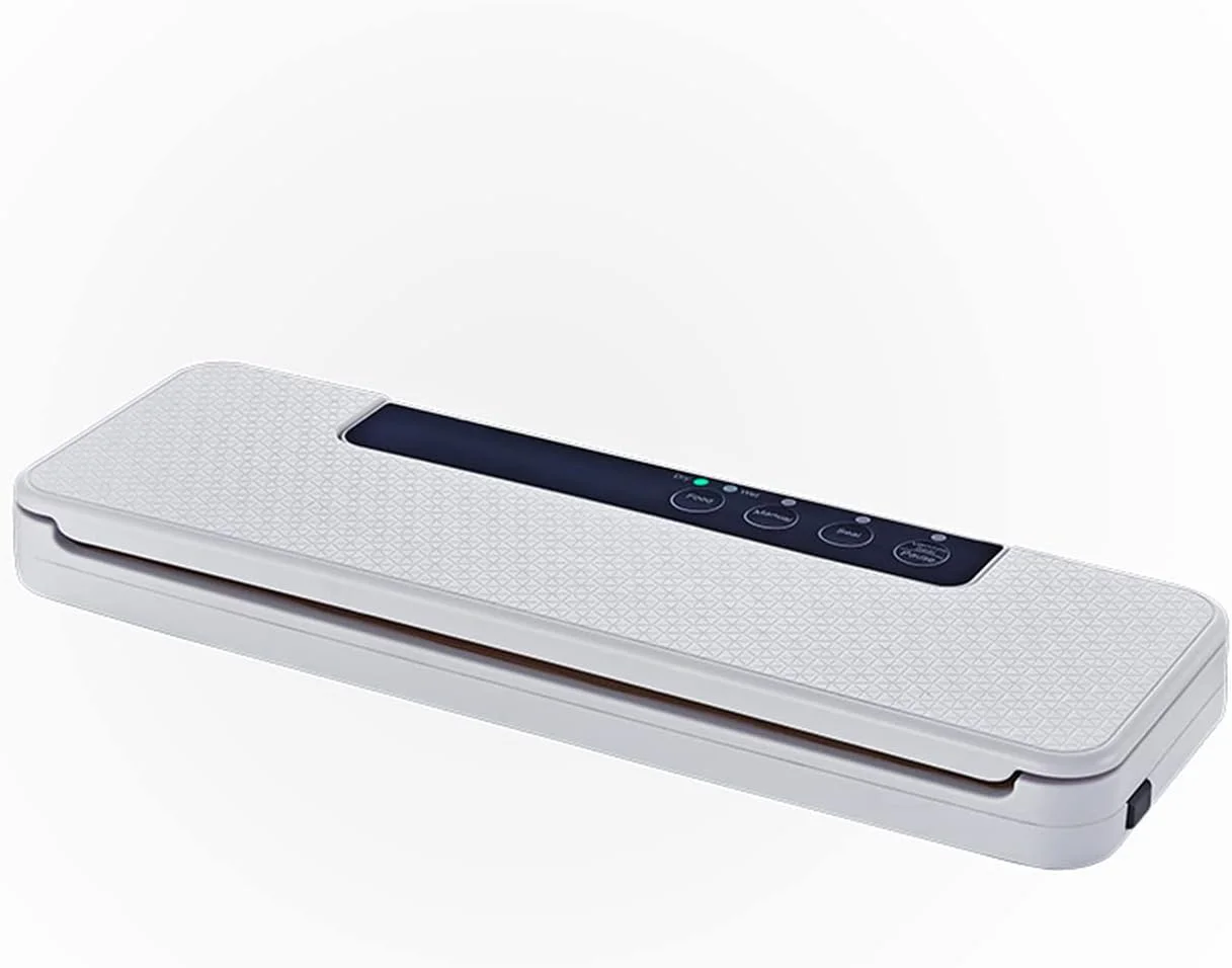 دستگاه وکیوم بسته بندی مواد غذایی به همراه کیسه های مخصوص و لوازم جانبی، دستگاه بسته بندی خودکار مواد غذایی برای نگهداری، سبک و دارای دکمه برای وکیوم/آب بندی، مناسب برای مواد غذایی خشک و مرطوب (رنگ: سفید)