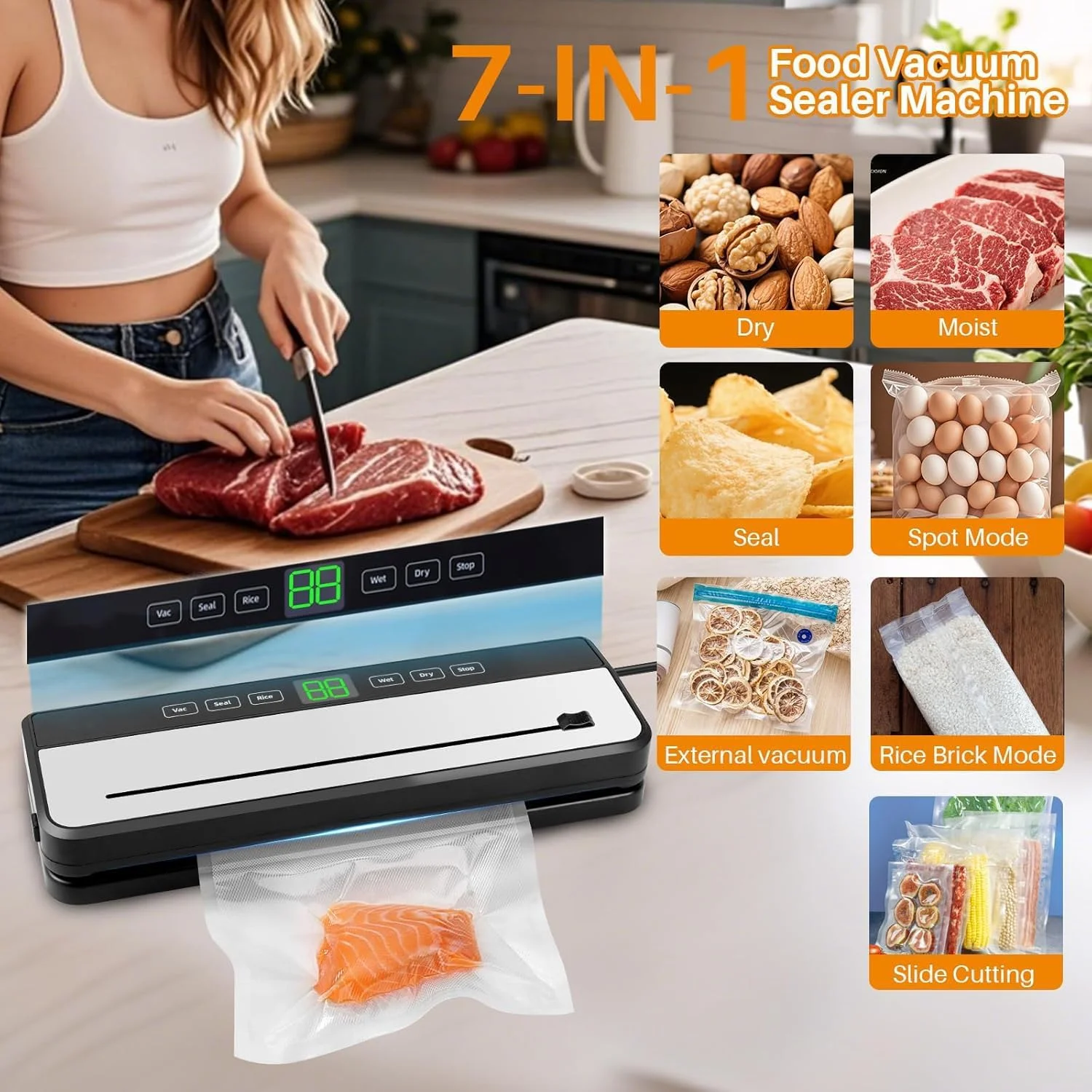 دستگاه وکیوم سیلر GGEROU، قدرت مکش دقیق 75 کیلو پاسکال، دستگاه سیلر مواد غذایی 6 در 1 با تایمر دیجیتال، حالت های غذای خشک و مرطوب، طراحی جمع و جور با 10 کیسه وکیوم و کاتر داخلی دستگاه وکیوم سیلر GGEROU، قدرت مکش دقیق 75 کیلو پاسکال، دستگاه سیلر مواد غذایی 6 در 1 با تایمر دیجیتال، حالت های غذای خشک و مرطوب، طراحی جمع و جور با 10 کیسه وکیوم و کاتر داخلی