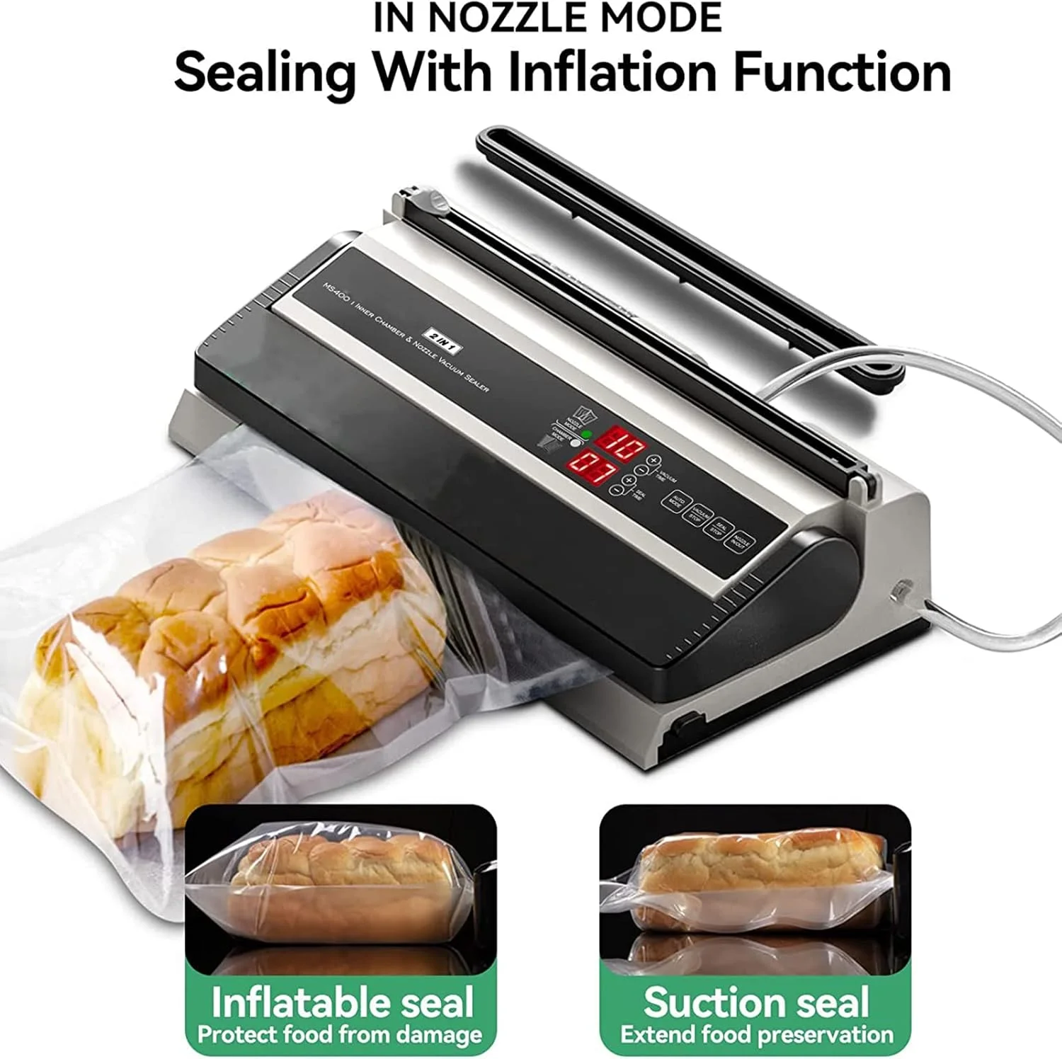 دستگاه وکیوم سیلر تجاری، دستگاه بسته بندی مواد غذایی اتوماتیک تک لمسی، با عملکرد دمنده هوا و برش، میله آب بندی 40 سانتی متری، بسته بندی مواد غذایی خشک و مرطوب برای انواع کیسه های نگهدارنده مواد غذایی