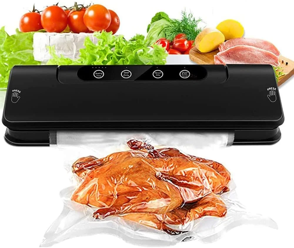 دستگاه بسته بندی وکیوم اتوماتیک مواد غذایی، سیستم پلمپ هوای اتوماتیک، مناسب برای نگهداری مواد غذایی خشک/مرطوب، دارای کاتر کیسه داخلی به همراه 15 عدد کیسه وکیوم