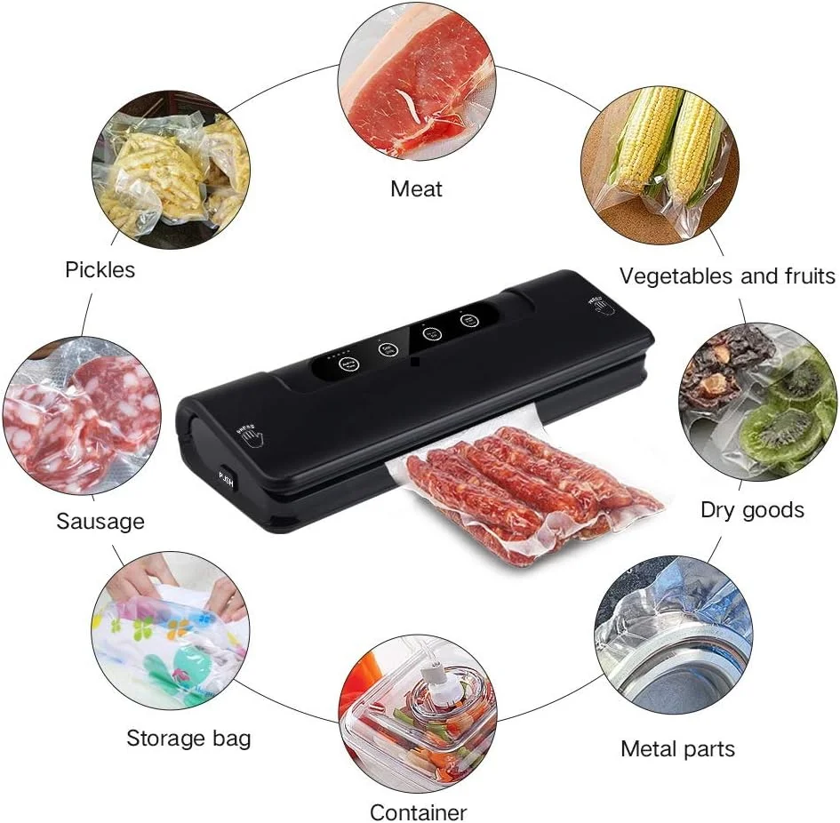 دستگاه بسته بندی وکیوم اتوماتیک مواد غذایی، سیستم پلمپ هوای اتوماتیک، مناسب برای نگهداری مواد غذایی خشک/مرطوب، دارای کاتر کیسه داخلی به همراه 15 عدد کیسه وکیوم