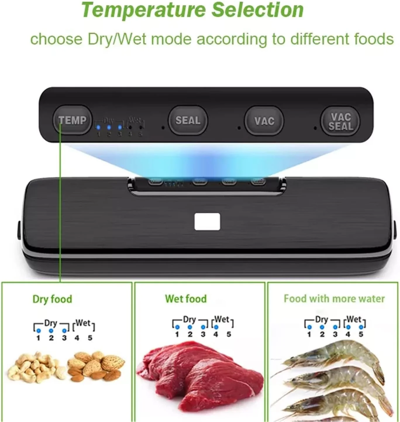 دستگاه وکیوم سیلر GZDtdsd، سیستم پلمپ هوای اتوماتیک، حالت های غذای خشک و مرطوب، با چراغ های نشانگر LED، وکیوم خارجی، برای نگهداری مواد غذایی و سو وید