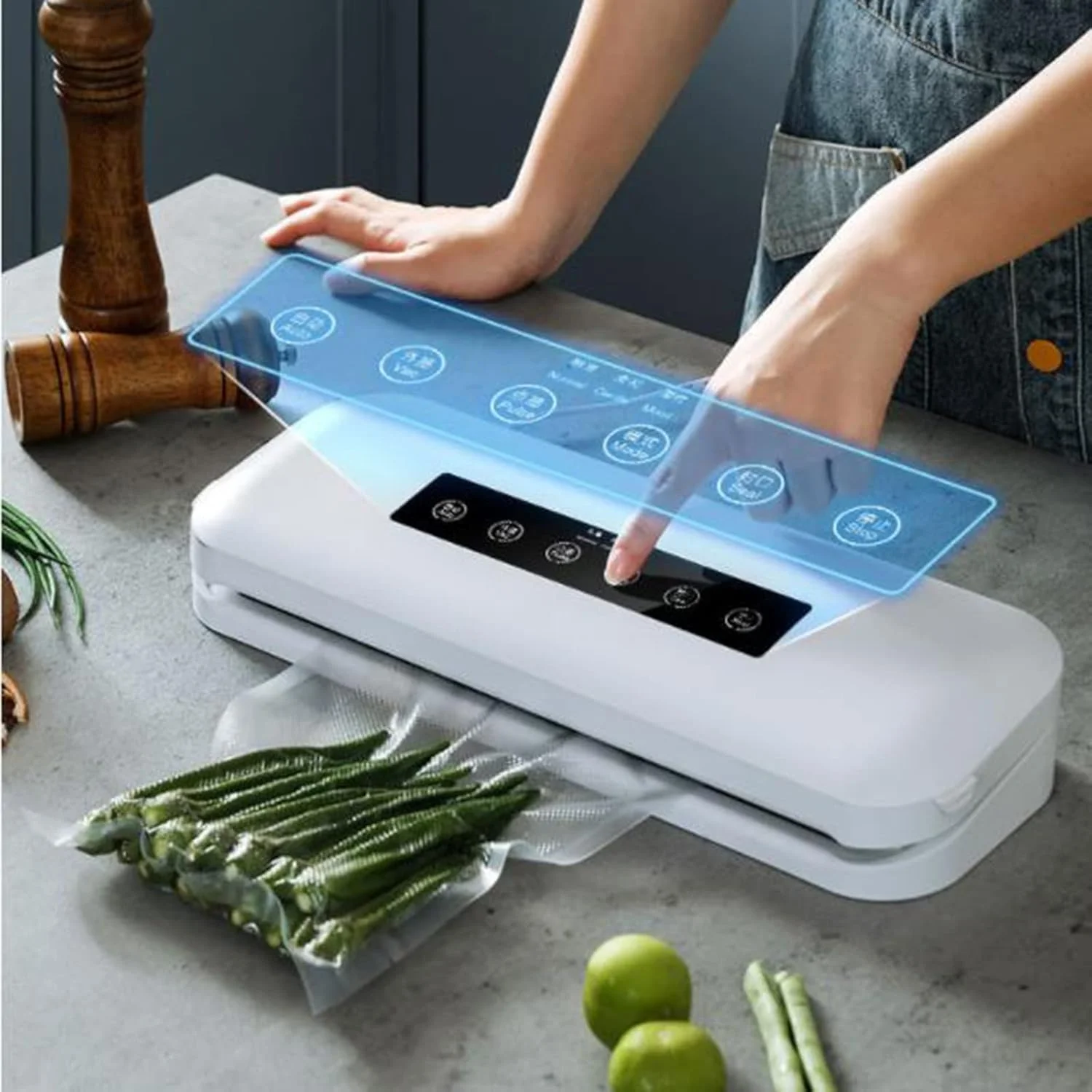 دستگاه وکیوم بسته بندی مواد غذایی HAIRA، دارای چراغ های نشانگر LED، حالت های خشک و مرطوب، وکیوم خارجی، برای نگهداری مواد غذایی به همراه 10 عدد کیسه وکیوم (رنگ: A)