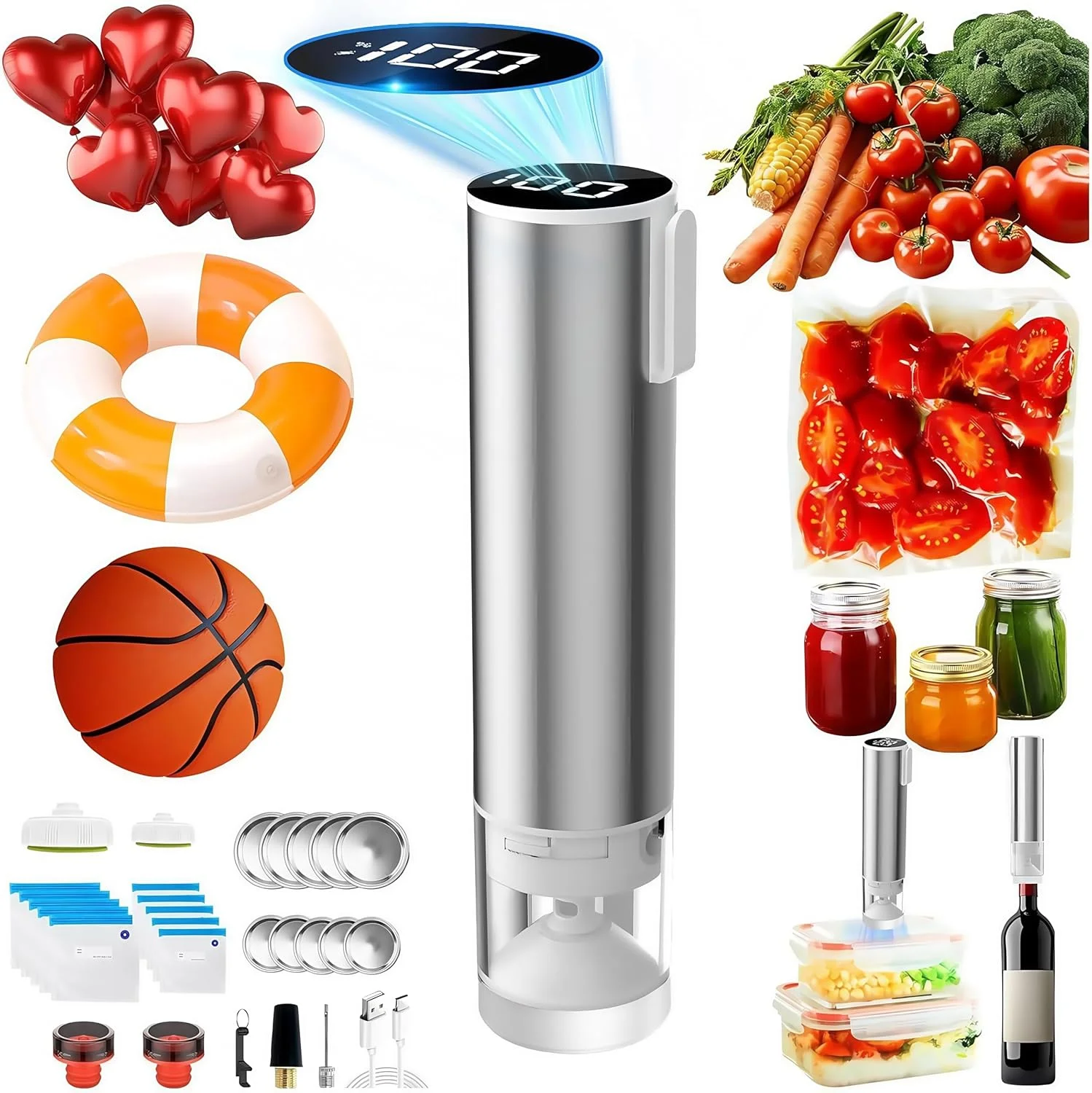 دستگاه وکیوم سیلر دستی با کیسه های قابل استفاده مجدد برای تازه نگه داشتن مواد غذایی، پمپ وکیوم و بادکننده اتوماتیک همه کاره، کیت وکیوم سیلر شیشه های دهان گشاد