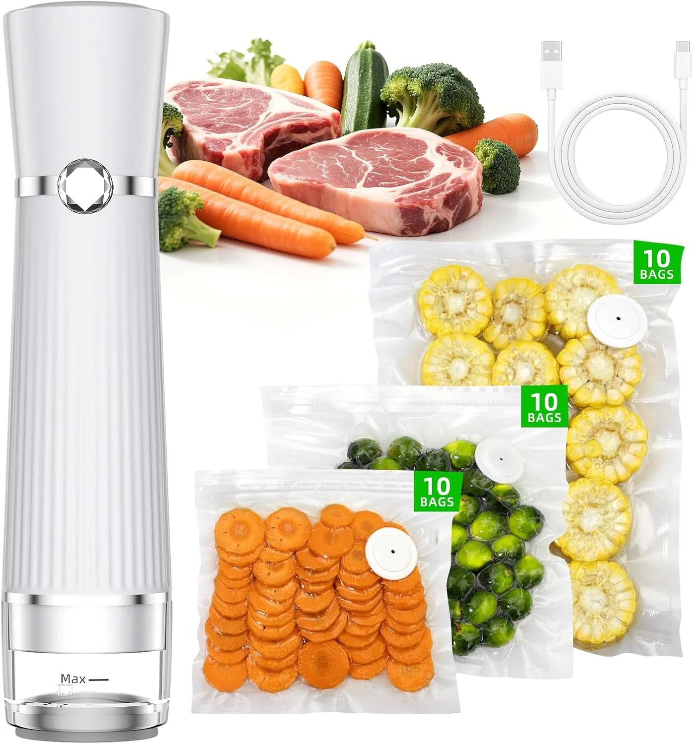 دستگاه وکیوم سیلر دستی برای مواد غذایی، دستگاه وکیوم فشرده با 30 کیسه قابل استفاده مجدد برای 10 برابر ماندگاری و تازگی