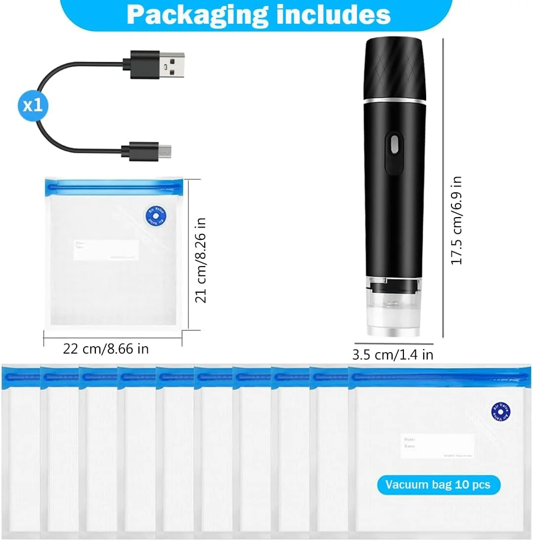 دستگاه وکیوم غذای دستی، دستگاه وکیوم غذای قابل حمل، دستگاه وکیوم برقی کوچک شارژی با 10 عدد کیسه وکیوم قابل استفاده مجدد، برای نگهداری و ذخیره سازی مواد غذایی