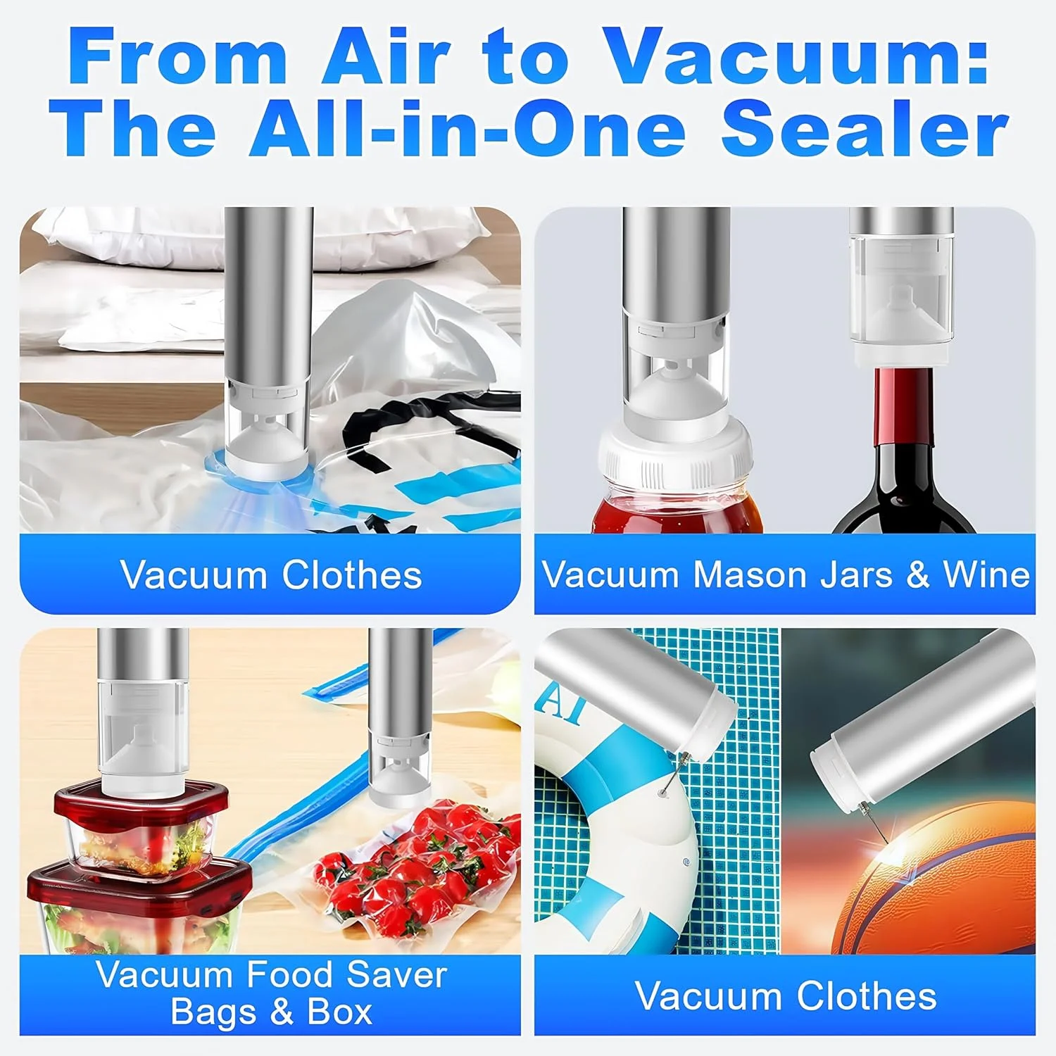 دستگاه وکیوم سیلر دستی با کیسه های قابل استفاده مجدد برای تازه نگه داشتن مواد غذایی، پمپ وکیوم و بادکننده اتوماتیک همه کاره، کیت وکیوم سیلر شیشه های دهان گشاد