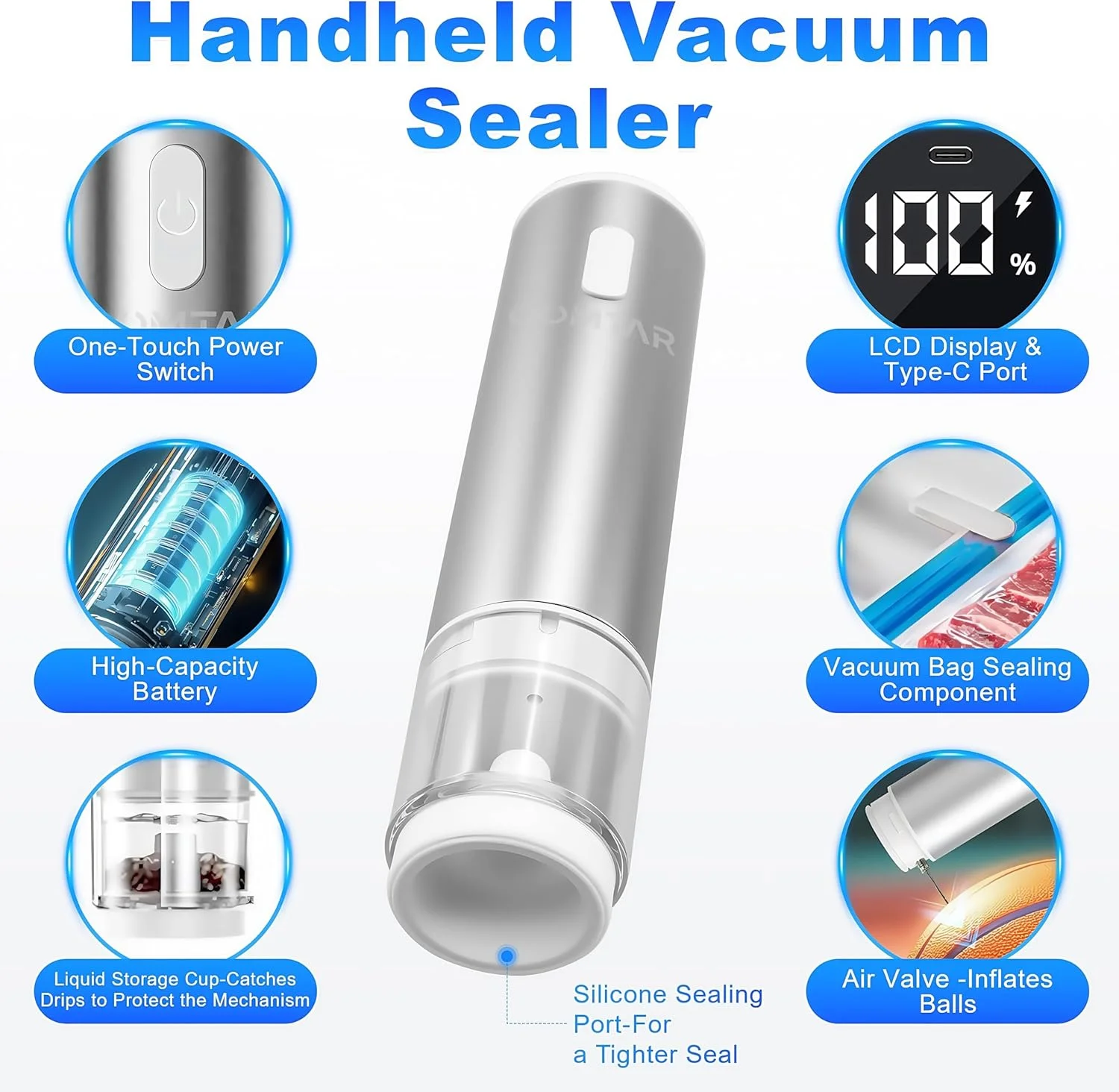 دستگاه وکیوم سیلر دستی با کیسه های قابل استفاده مجدد برای تازه نگه داشتن مواد غذایی، پمپ وکیوم و بادکننده اتوماتیک همه کاره، کیت وکیوم سیلر شیشه های دهان گشاد