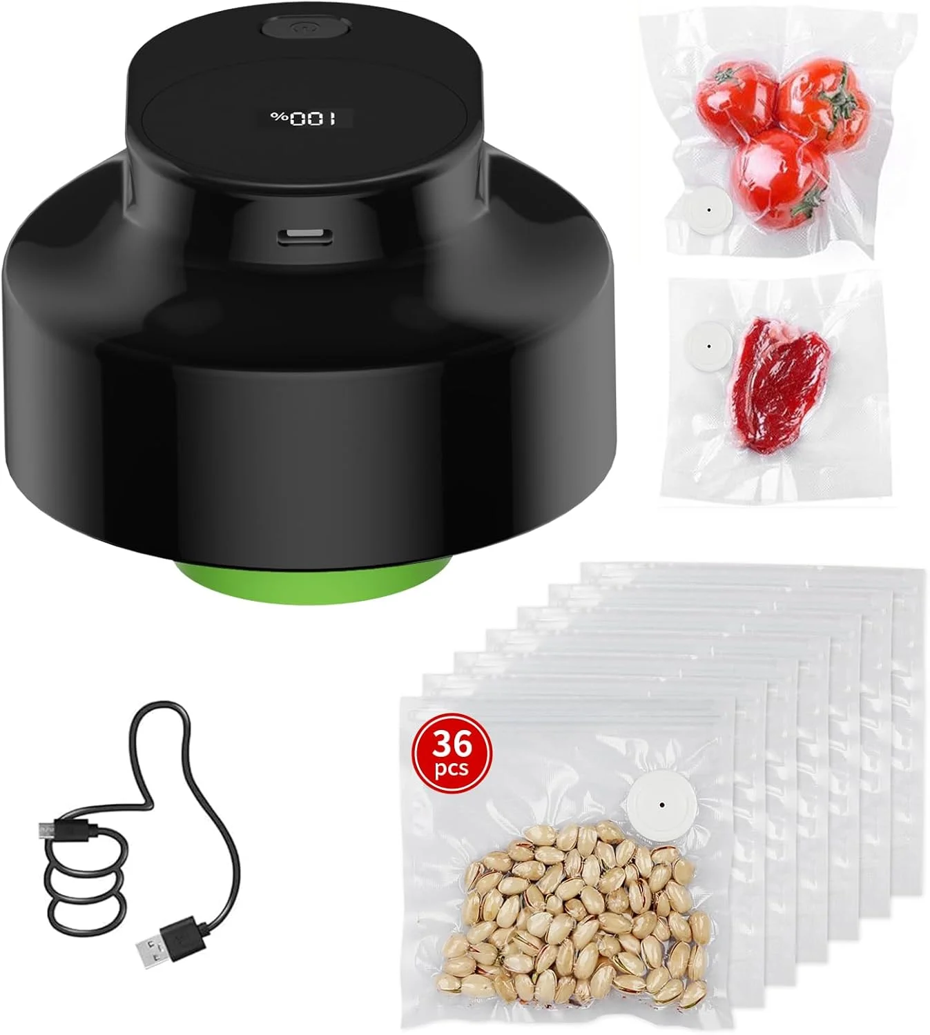 دستگاه وکیوم دستی برای مواد غذایی، دستگاه وکیوم فشرده با [36 عدد] کیسه های وکیوم قابل استفاده مجدد برای نگهداری و حفظ مواد غذایی