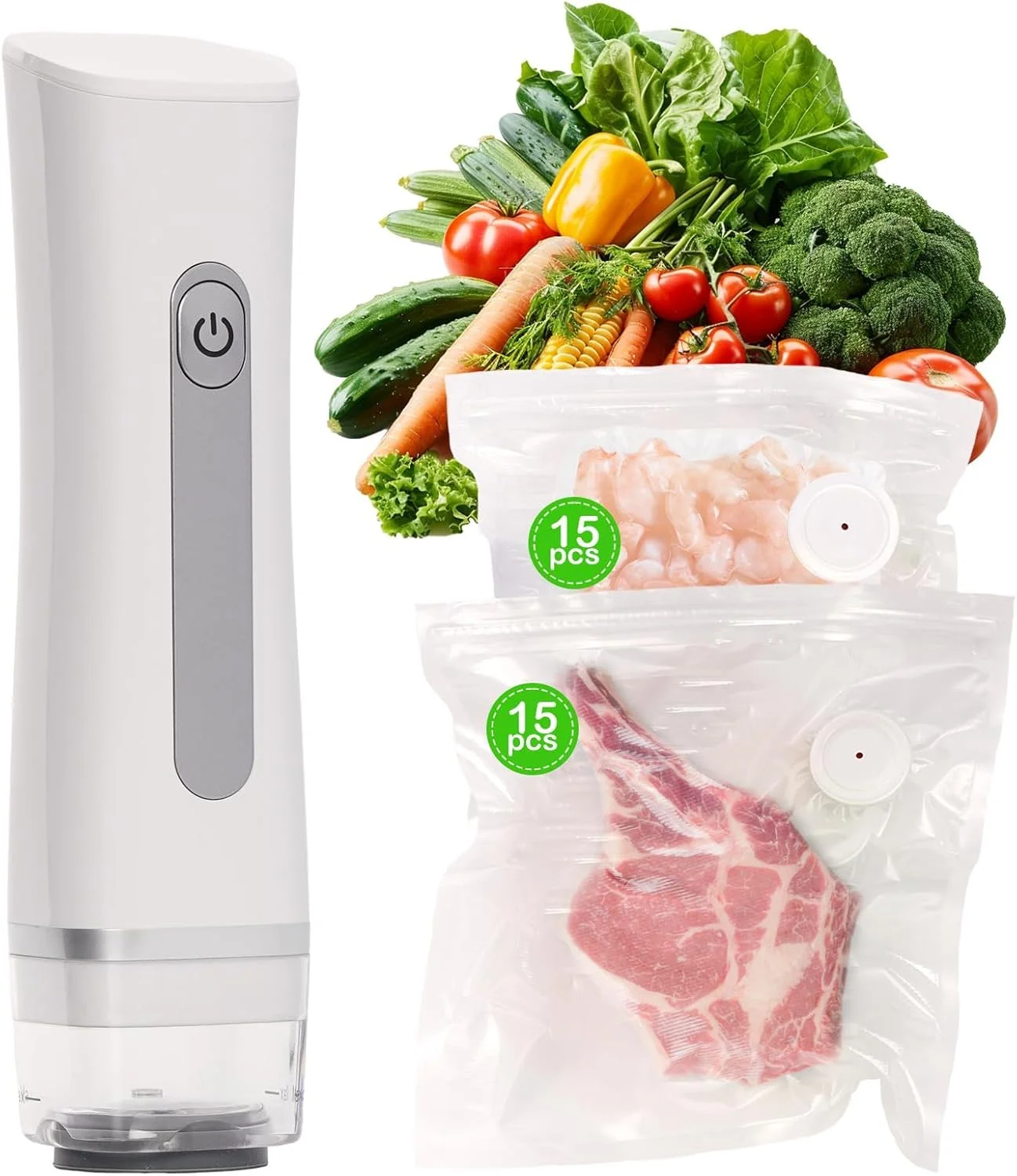 دستگاه وکیوم غذای دستی، دستگاه کوچک و قابل حمل برای نگهداری مواد غذایی به همراه 30 کیسه وکیوم قابل استفاده مجدد (سایز کوچک*15، سایز متوسط*15) برای حفظ تازگی سبزیجات و میوه ها
