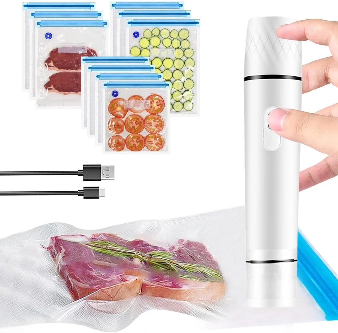 دستگاه وکیوم غذای دستی، دستگاه وکیوم غذای قابل حمل، دستگاه وکیوم برقی کوچک شارژی با 10 عدد کیسه وکیوم قابل استفاده مجدد، برای نگهداری و انبار مواد غذایی