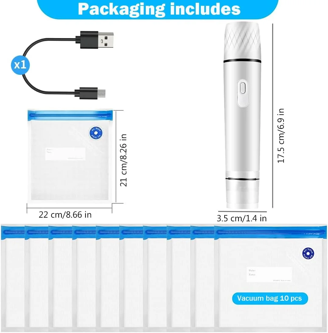 دستگاه وکیوم غذای دستی، دستگاه وکیوم غذای قابل حمل، دستگاه وکیوم برقی کوچک شارژی با 10 عدد کیسه وکیوم قابل استفاده مجدد، برای نگهداری و انبار مواد غذایی