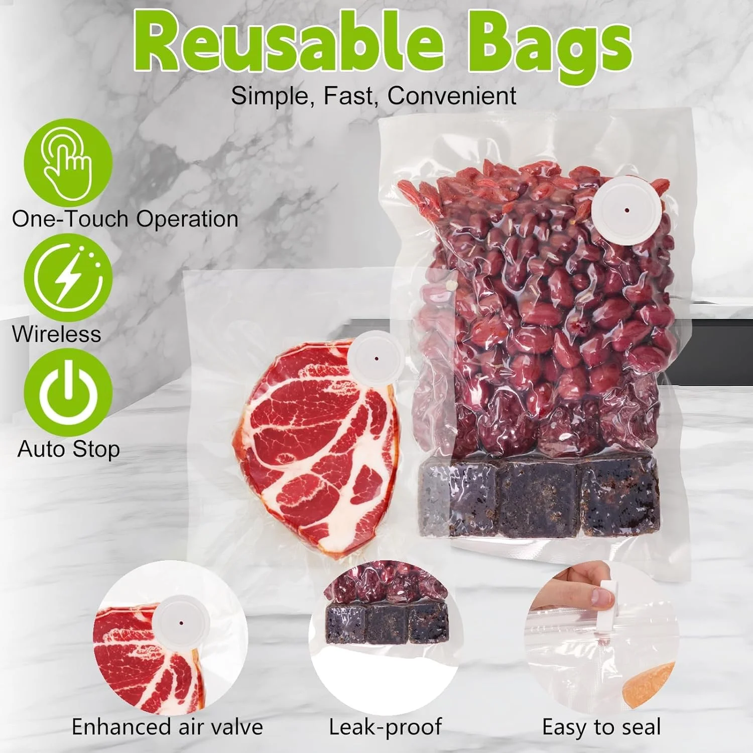 دستگاه وکیوم غذای دستی، دستگاه کوچک و قابل حمل برای نگهداری مواد غذایی به همراه 30 کیسه وکیوم قابل استفاده مجدد (سایز کوچک*15، سایز متوسط*15) برای حفظ تازگی سبزیجات و میوه ها