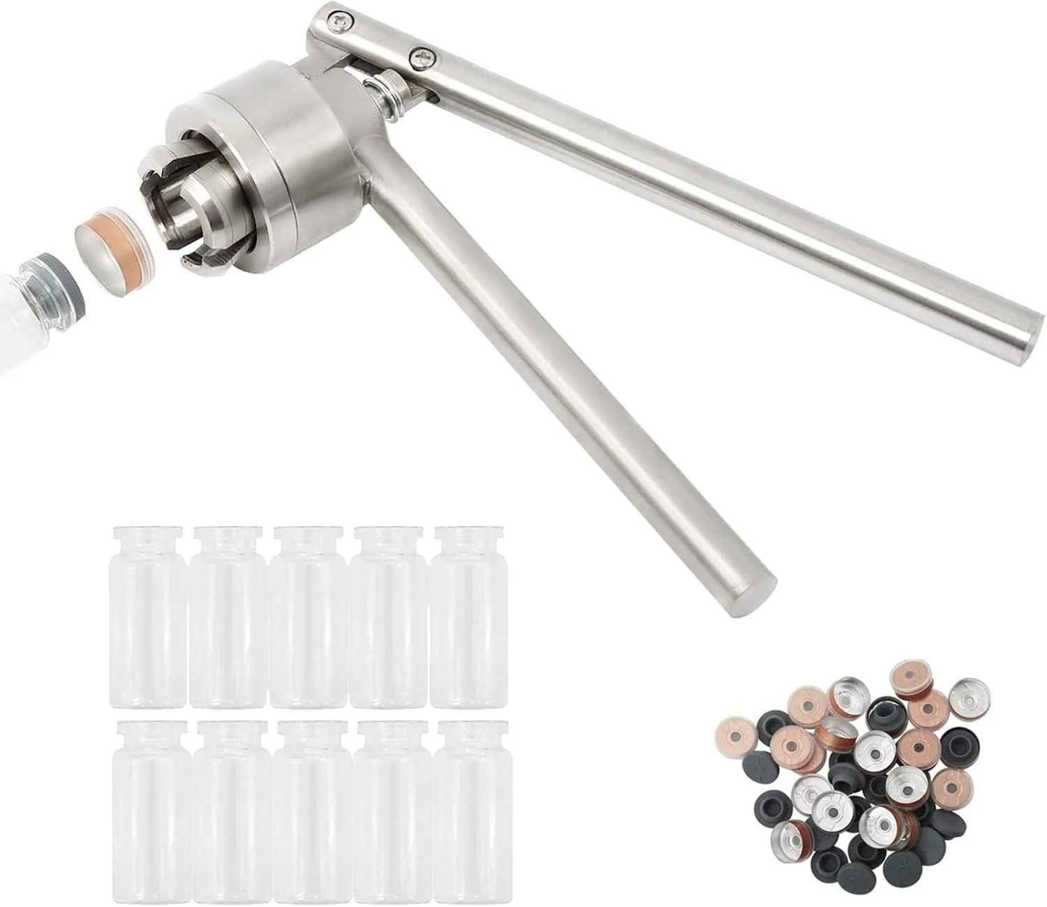 دستگاه پلمپ دستی ویال 20 میلی‌متری به همراه 10 عدد ویال 10 میلی‌لیتری + درپوش