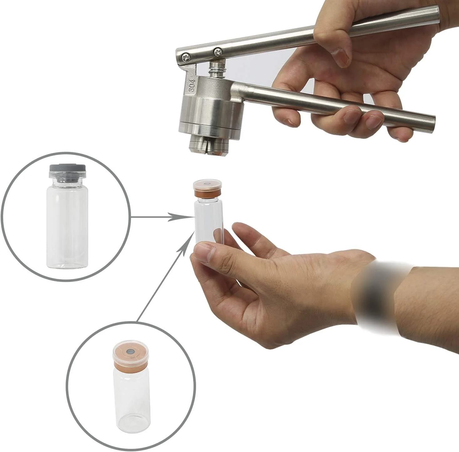 دستگاه پلمپ دستی ویال 20 میلی‌متری به همراه 10 عدد ویال 10 میلی‌لیتری + درپوش