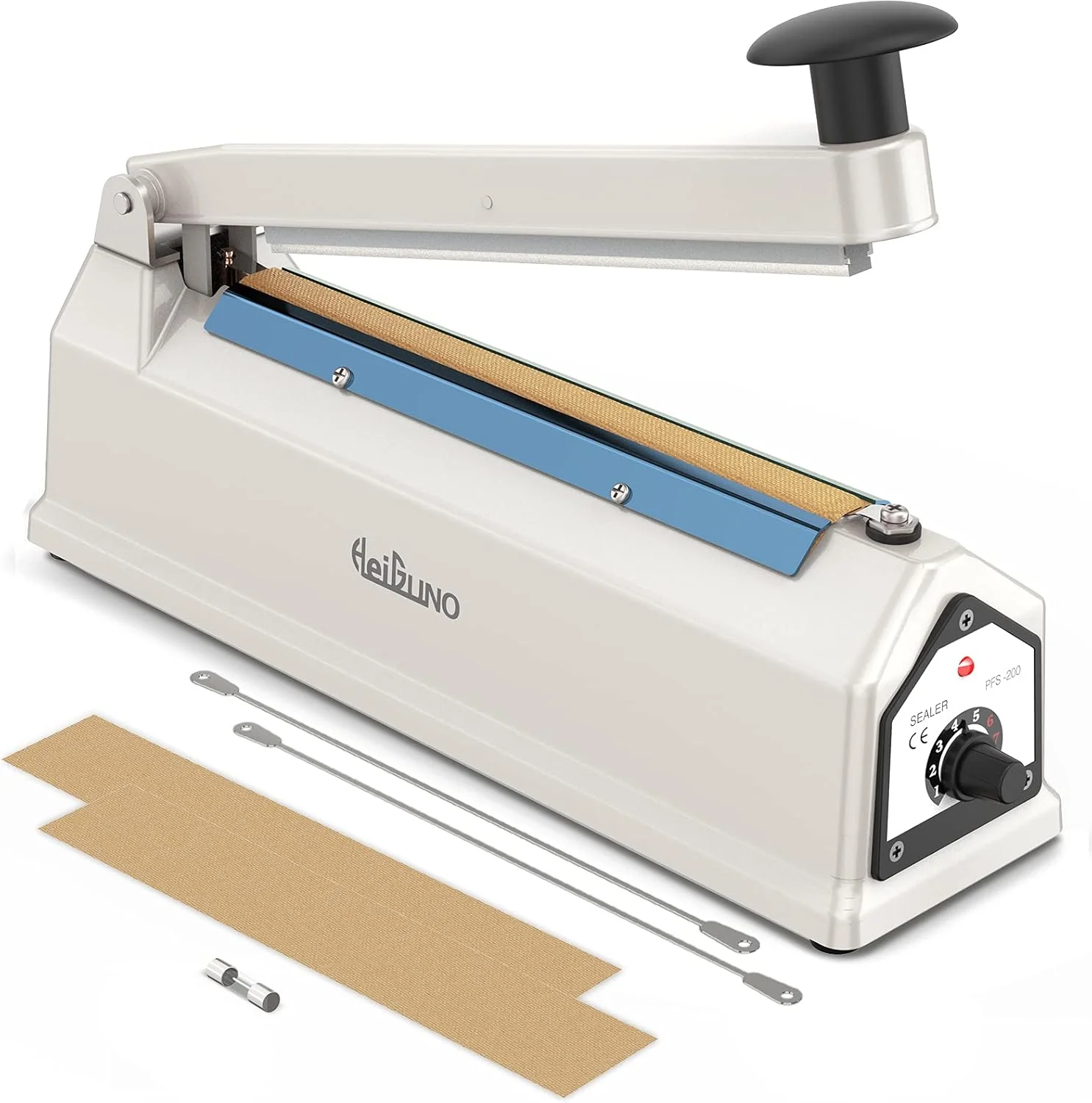دستگاه پرس حرارتی HeiGuno برای کیسه های پلاستیکی تا طول 20 سانتی متر (سفید، 200 میلی متر)