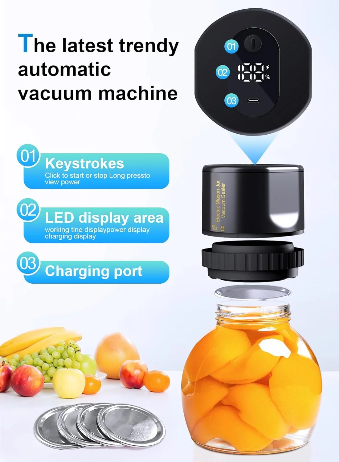 دستگاه وکیوم برقی شیشه های دهان گشاد و معمولی Homarket، پمپ وکیوم برقی برای شیشه های دهان گشاد و معمولی، دستگاه وکیوم برای نگهداری مواد غذایی