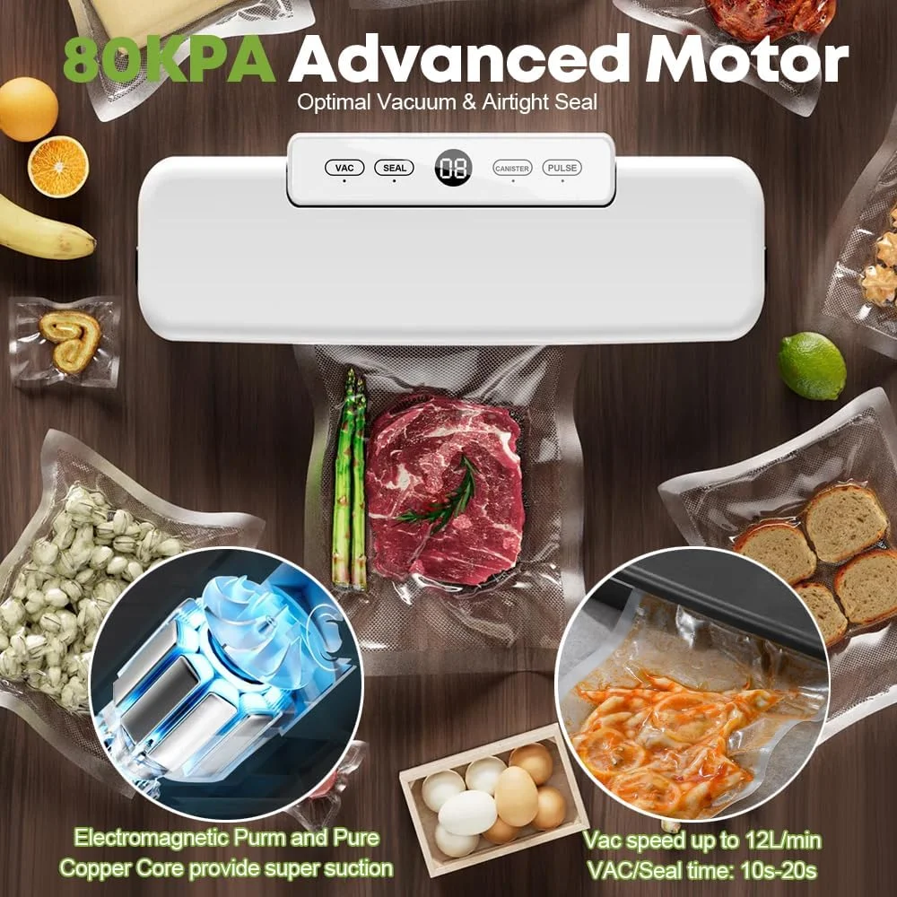 دستگاه وکیوم سیلر HIYAA برای بسته بندی مواد غذایی و پخت سو وید، 4 در 1، حفظ مواد غذایی با کیسه های وکیوم - سفید