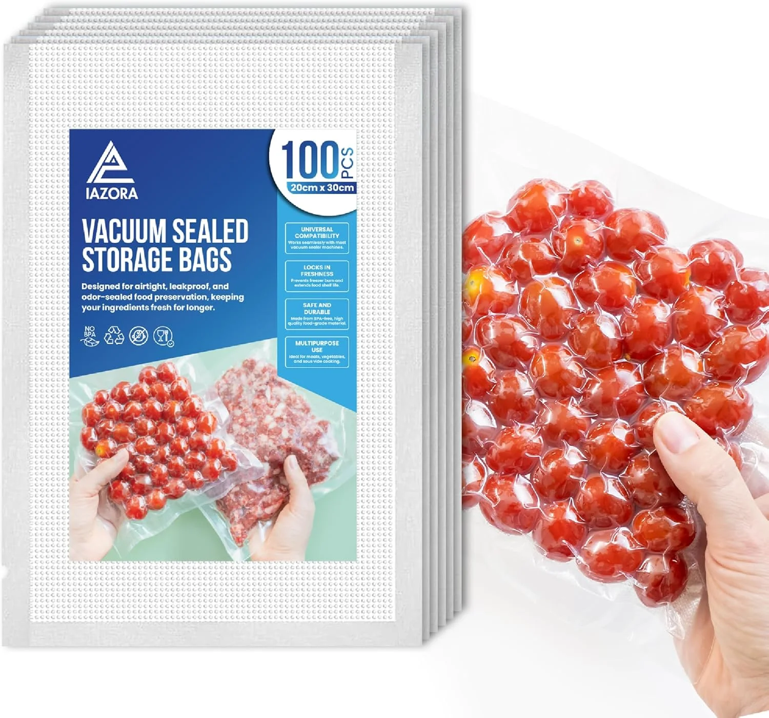 100 عدد کیسه وکیوم سیلر برای غذا 20x30 سانتی متر – کیسه های نگهداری غذا با گرید تجاری و بدون BPA برای دستگاه وکیوم سیلر، کیسه های سو وید، کیسه های مناسب فریزر برای نگهداری مواد غذایی تازه