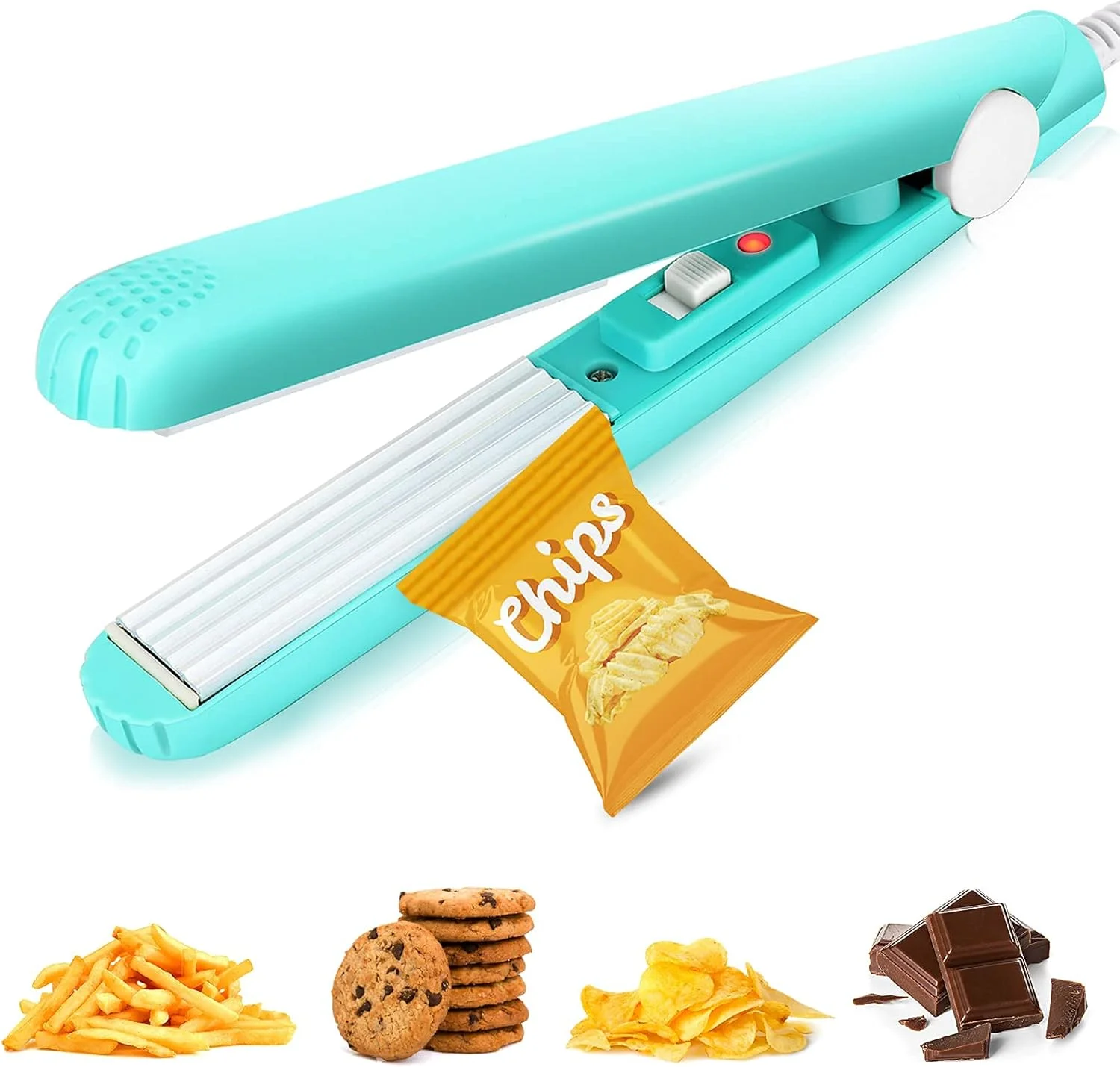 دستگاه پرس حرارتی کوچک کیسه چیپس KASTWAVE، دستگاه بسته بندی مواد غذایی قابل حمل، دستگاه پرس کیسه برای نگهداری مواد غذایی، کیسه های پلاستیکی، کیسه های تنقلات، دستگاه پرس دستی برای کیسه آبنبات، کیسه غذای حیوانات خانگی (آبی نعنایی)