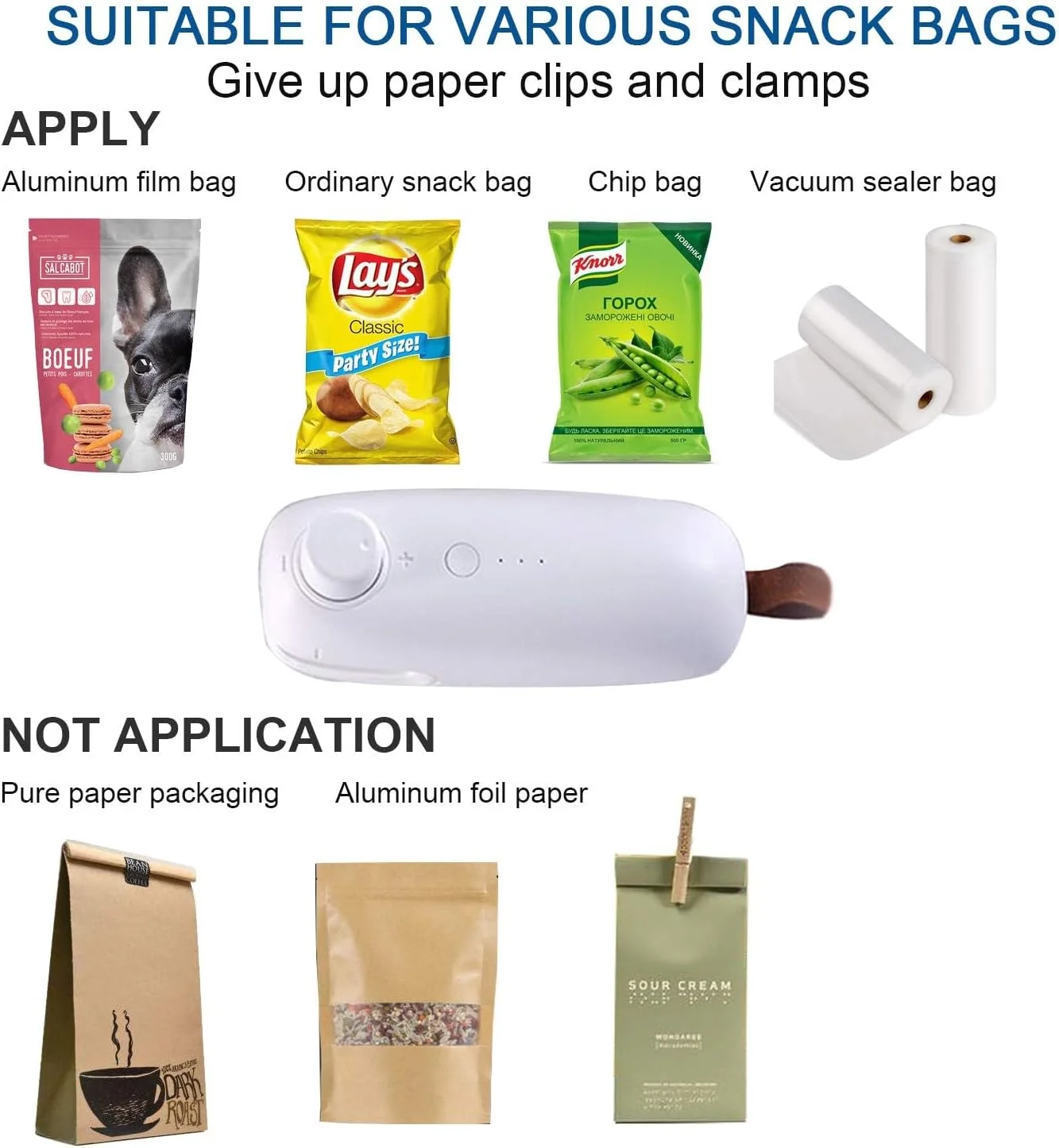 دستگاه پرس حرارتی کوچک KASTWAVE، دستگاه آب بندی حرارتی دستی قابل حمل برای کیسه های چیپس، کیسه های پلاستیکی نگهداری مواد غذایی، کیسه های تنقلات و غلات (سفید)