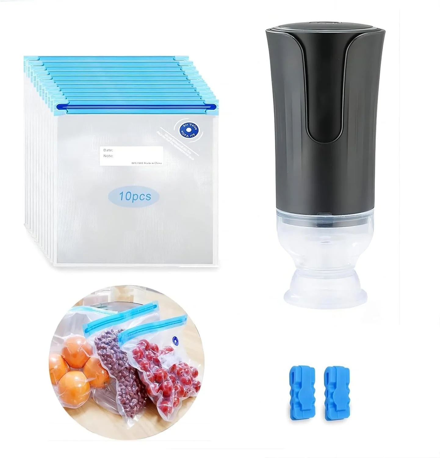 پمپ وکیوم برقی غذا KASTWAVE، کیسه های Sous Vide، کیسه های وکیوم قابل استفاده مجدد بدون BPA با دریچه هوا، کیت کیسه های نگهداری مواد غذایی قابل استفاده مجدد، کیسه های نگهداری مواد غذایی وکیوم ایمن برای فریزر (13 عدد)