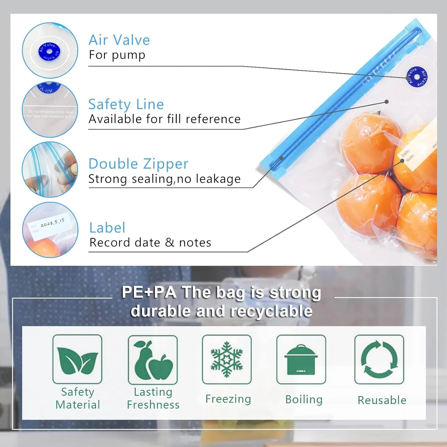 پمپ وکیوم برقی غذا KASTWAVE، کیسه های Sous Vide، کیسه های وکیوم قابل استفاده مجدد بدون BPA با دریچه هوا، کیت کیسه های نگهداری مواد غذایی قابل استفاده مجدد، کیسه های نگهداری مواد غذایی وکیوم ایمن برای فریزر (13 عدد) پمپ وکیوم برقی غذا KASTWAVE، کیسه های Sous Vide، کیسه های وکیوم قابل استفاده مجدد بدون BPA با دریچه هوا، کیت کیسه های نگهداری مواد غذایی قابل استفاده مجدد، کیسه های نگهداری مواد غذایی وکیوم ایمن برای فریزر (13 عدد)