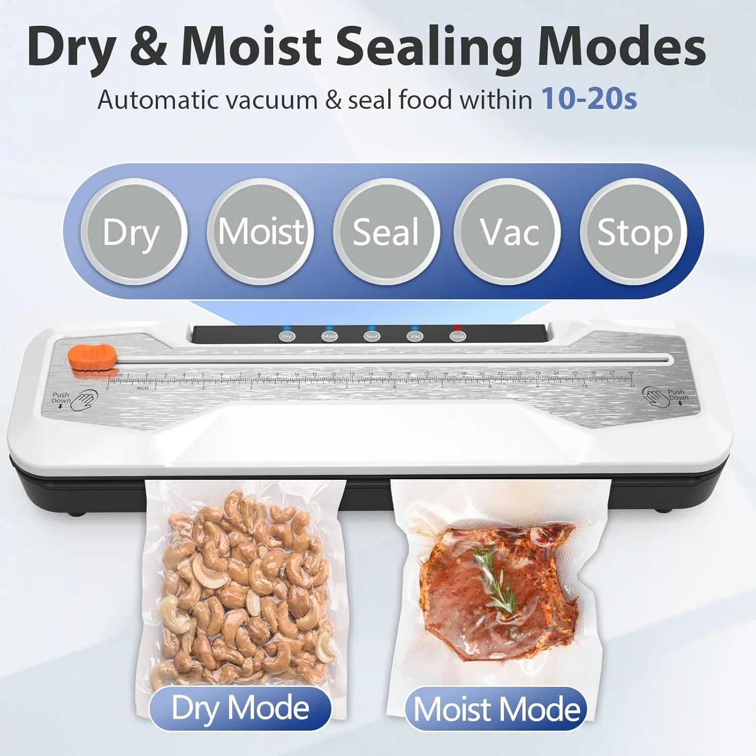 دستگاه وکیوم بسته بندی مواد غذایی اتوماتیک KASTWAVE، دستگاه وکیوم با 5 حالت مختلف به همراه 5 کیسه وکیوم و کاتر داخلی، دستگاه بسته بندی وکیوم فشرده با عملکرد تک لمسی برای غذاهای خشک و مرطوب، سفید