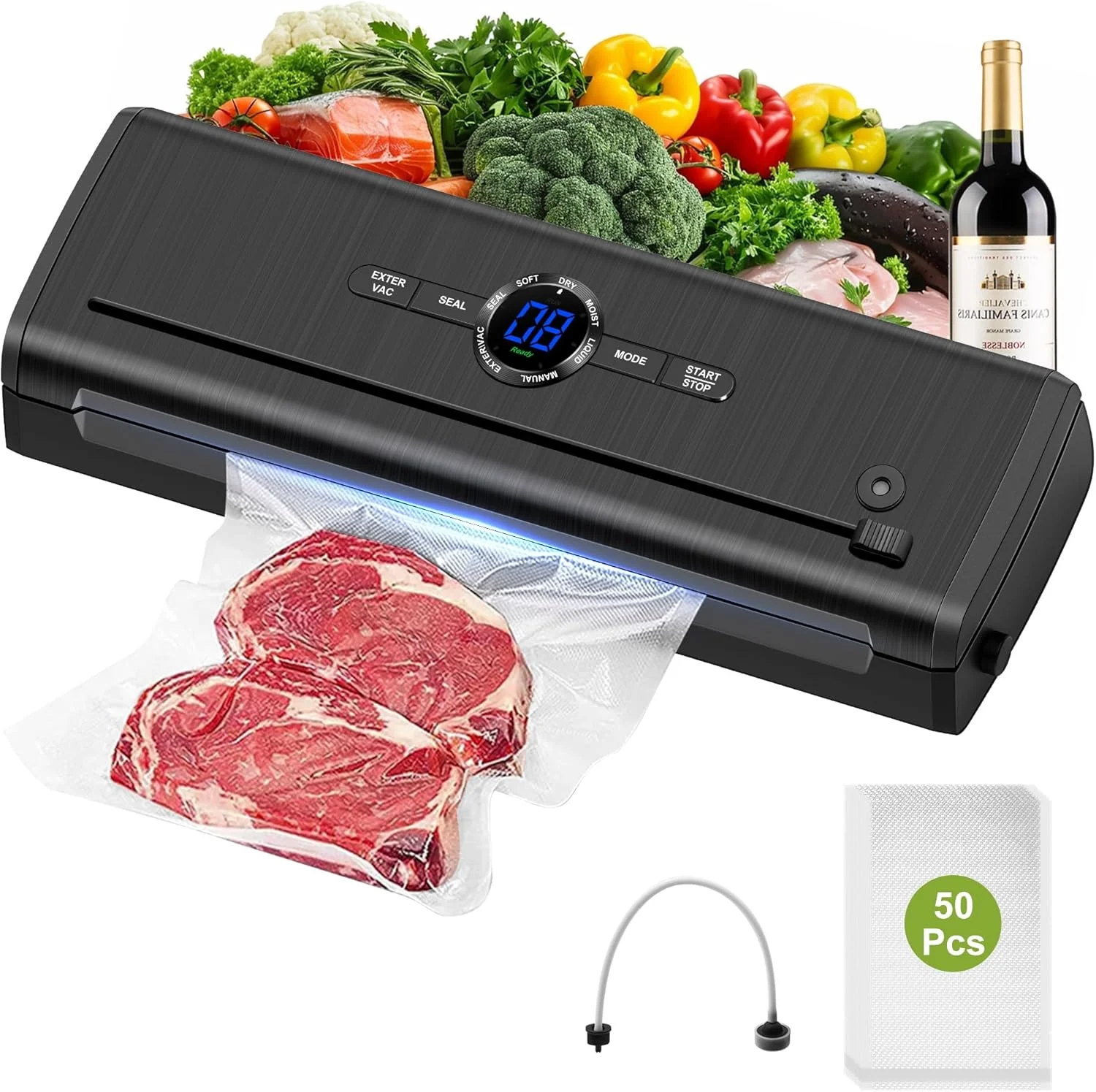 دستگاه وکیوم سیلر 7 در 1 برای مواد غذایی به همراه 50 کیسه وکیوم، حالت خشک/مرطوب، دستگاه جوش فویل حرفه ای با کاتر، شلنگ مکش هوا و شمارش معکوس دیجیتال