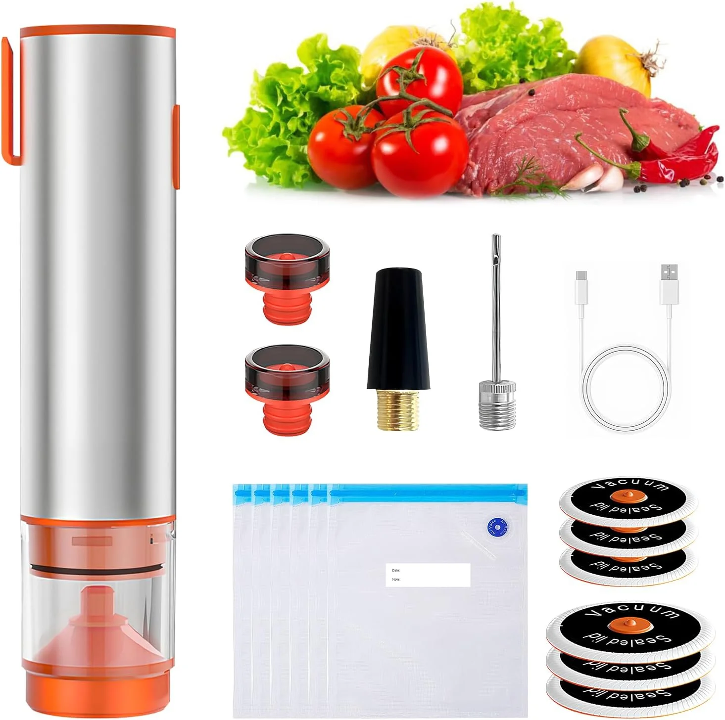 دستگاه وکیوم دستی برقی Longzhuo برای مواد غذایی - دستگاه وکیوم قابل حمل - 5 برابر حفظ تازگی مواد غذایی، شامل 6 کیسه وکیوم قابل استفاده مجدد برای آشپزخانه و مسافرت