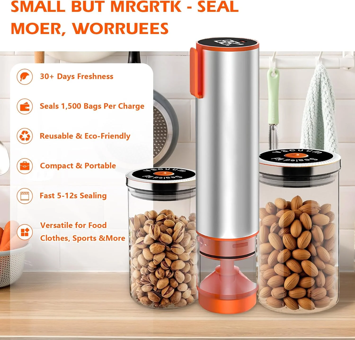 دستگاه وکیوم دستی برقی Longzhuo برای مواد غذایی - دستگاه وکیوم قابل حمل - 5 برابر حفظ تازگی مواد غذایی، شامل 6 کیسه وکیوم قابل استفاده مجدد برای آشپزخانه و مسافرت