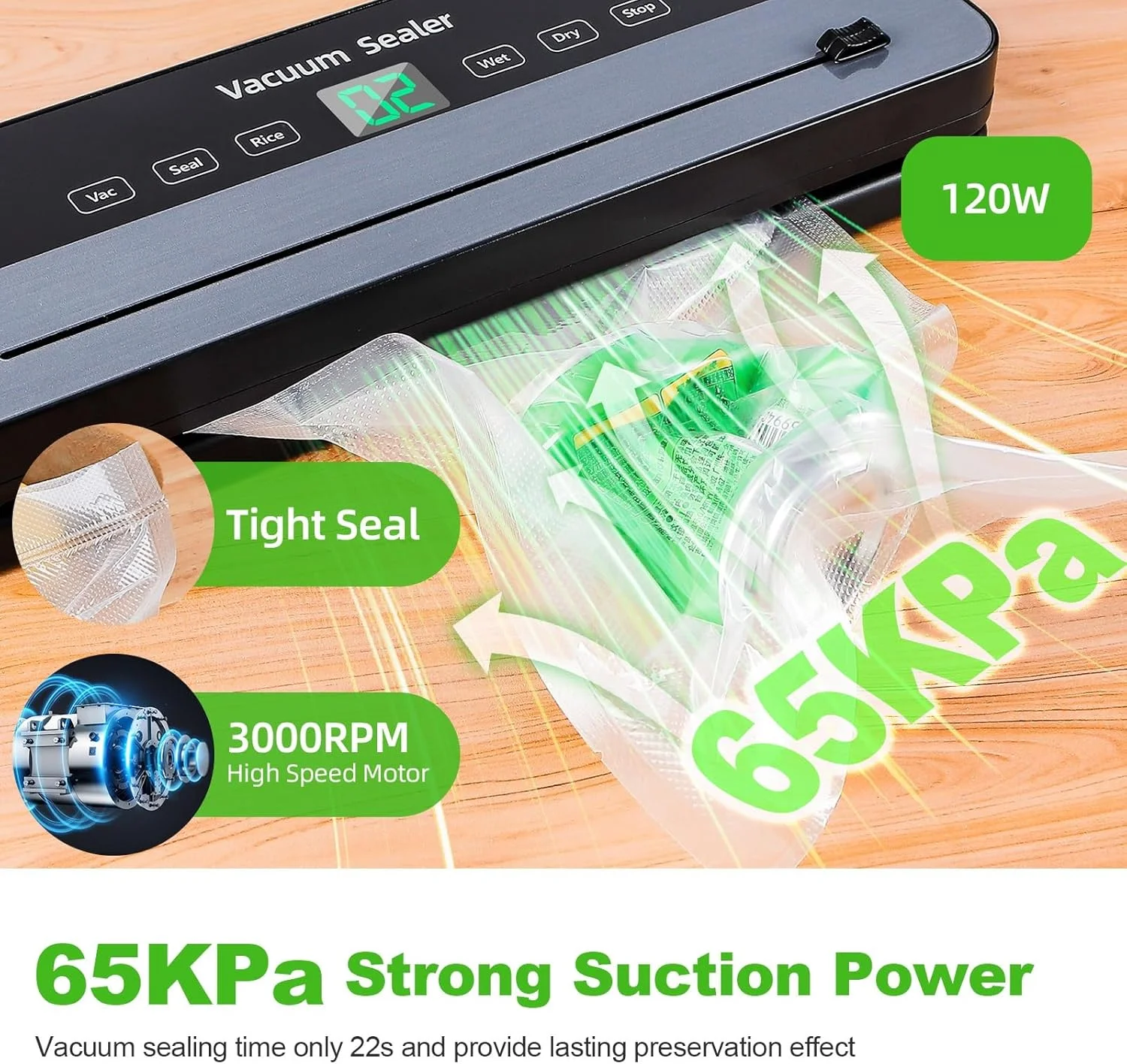 دستگاه وکیوم سیلر LIARTY 65Kpa، دستگاه سیلر غذای قابل حمل و جمع و جور 6 در 1 با برش داخلی، 10 کیسه، حالت های خشک و مرطوب، ایده آل برای استفاده در آشپزخانه، رستوران و منزل