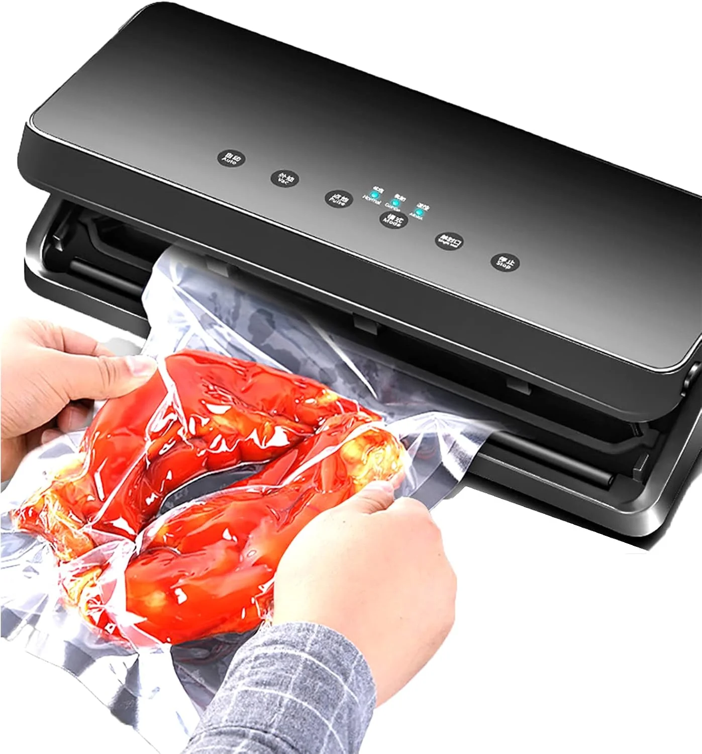 دستگاه وکیوم بسته بندی مواد غذایی، دستگاه وکیوم تمام اتوماتیک 6 در 1 با کاتر داخلی، حالت های سیستم وکیوم خشک/مرطوب/خارجی، عرض پلمپ 30 سانتی متر و عملکرد راحت با یک لمس، برای نگهداری مواد غذایی