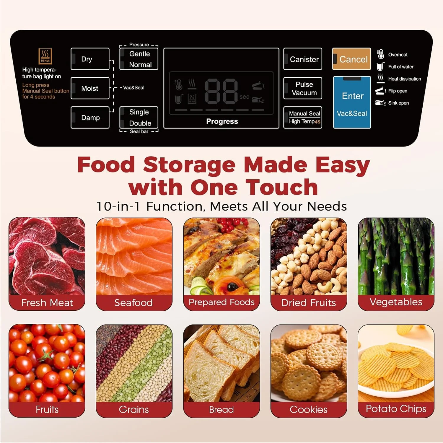 دستگاه وکیوم سیلر 95 کیلو پاسکال، دستگاه سیلر اتوماتیک کامل تجاری، سیستم پلمپ قدرتمند با پلمپ حرارتی دوبل، دارای برش داخلی و محل نگهداری کیسه، شامل 1 رول کیسه و 10 عدد کیسه از پیش برش خورده