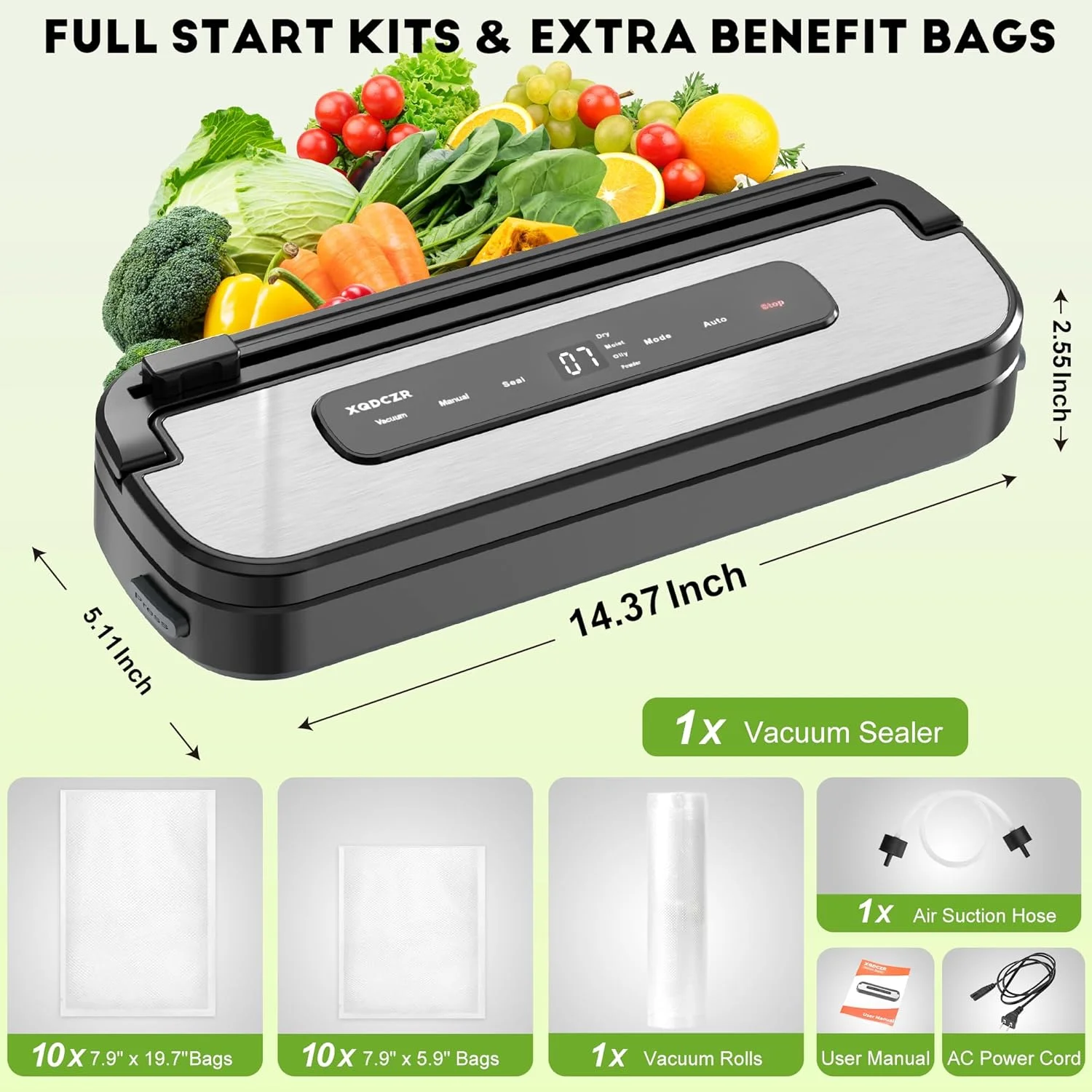 دستگاه بسته بندی وکیوم، دستگاه وکیوم مواد غذایی با حالت های خشک و مرطوب، دارای برشگر داخلی، تایمر دیجیتال، EXT-VAC، شامل 20 عدد کیسه از پیش برش خورده و 1 رول کیسه برای نگهداری مواد غذایی