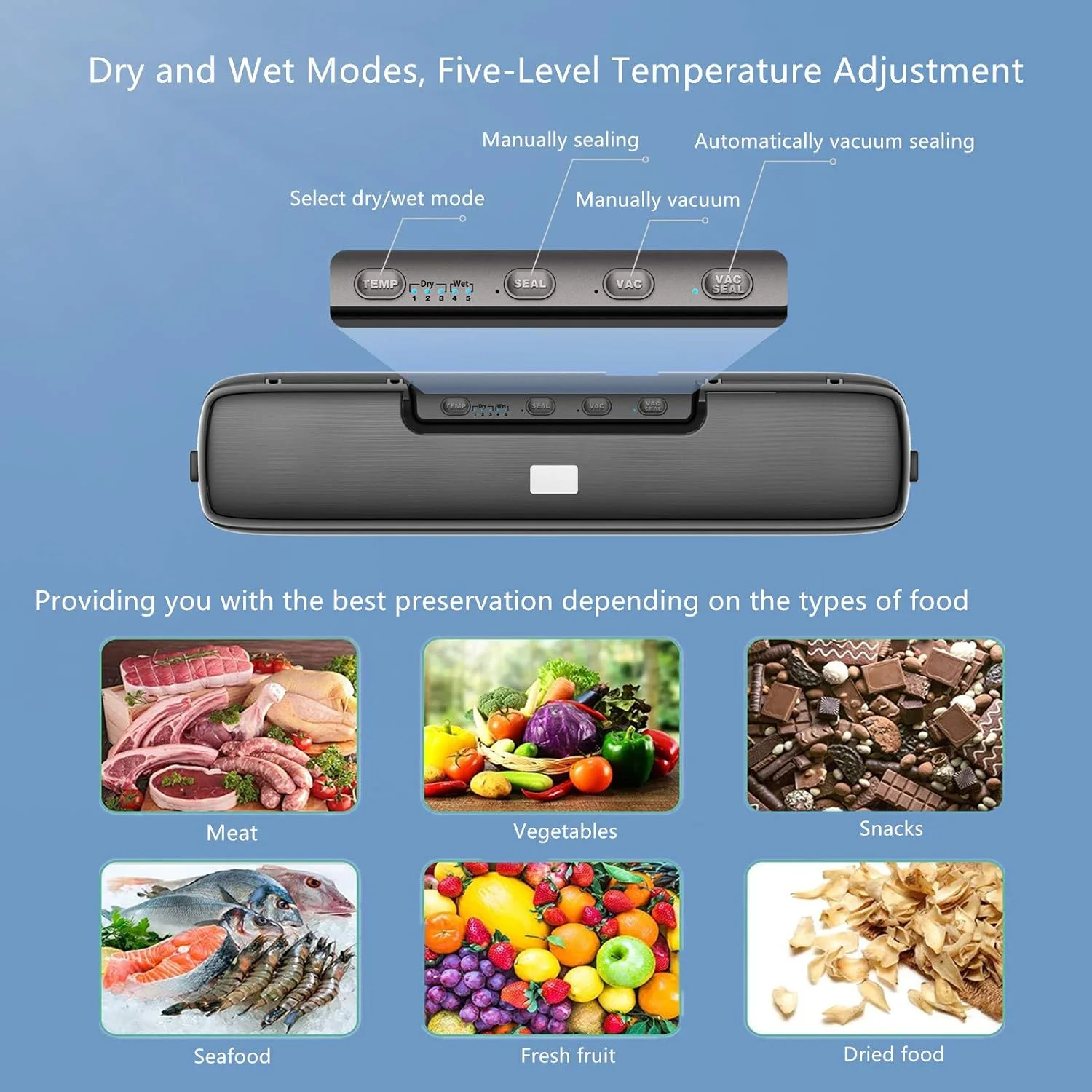 دستگاه وکیوم سیلر، دستگاه وکیوم سیلر نگهداری مواد غذایی، دستگاه وکیوم سیلر سیل ا میل، حالت های اتوماتیک غذای خشک و مرطوب، طراحی ضد آب/تمیز کردن آسان/قابل حمل، شامل 15 کیسه سیل