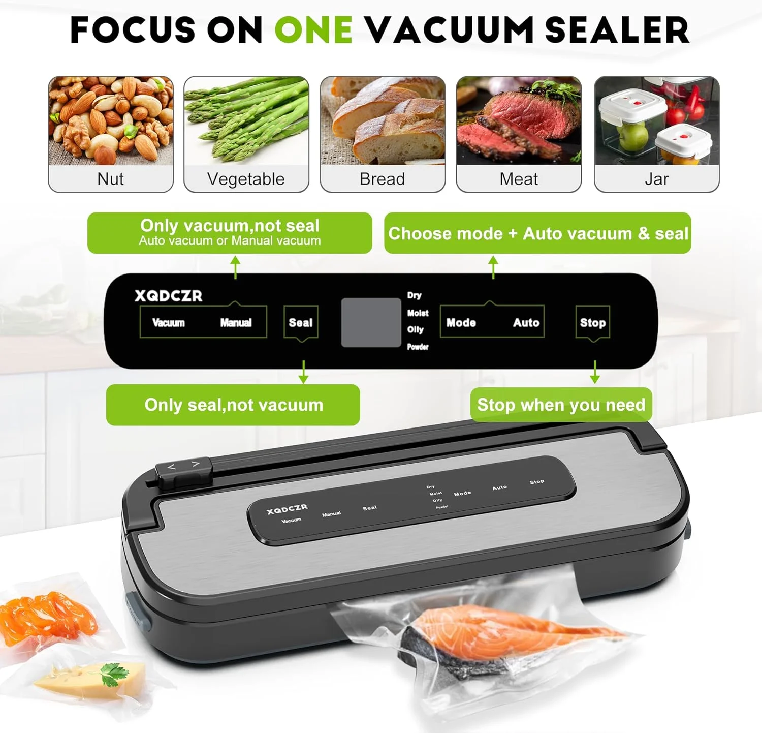 دستگاه بسته بندی وکیوم، دستگاه وکیوم مواد غذایی با حالت های خشک و مرطوب، دارای برشگر داخلی، تایمر دیجیتال، EXT-VAC، شامل 20 عدد کیسه از پیش برش خورده و 1 رول کیسه برای نگهداری مواد غذایی