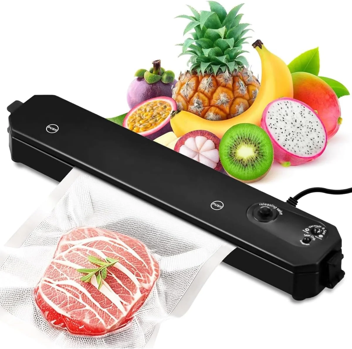 دستگاه وکیوم سیلر / دستگاه بسته بندی مواد غذایی اتوماتیک برای نگهداری تازه، جمع و جور و آسان برای استفاده، شامل کیسه های بسته بندی برای گوشت، سبزیجات و موارد دیگر