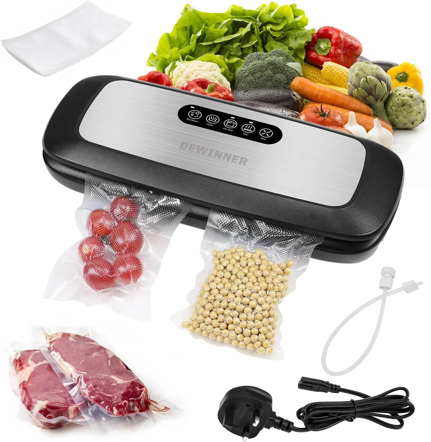 دستگاه وکیوم بسته بندی مواد غذایی 5 در 1، دستگاه بسته بندی خودکار DEWINNER همراه با 20 کیسه بسته بندی رایگان، سیستم بسته بندی هوا برای نگهداری و حفظ مواد غذایی، صرفه جویی در حالت مرطوب/خشک