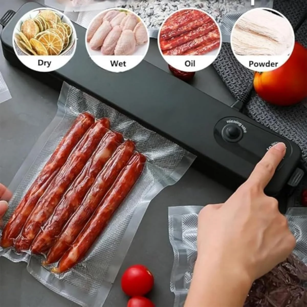 دستگاه وکیوم سیلر / دستگاه بسته بندی مواد غذایی اتوماتیک برای نگهداری تازه، جمع و جور و آسان برای استفاده، شامل کیسه های بسته بندی برای گوشت، سبزیجات و موارد دیگر